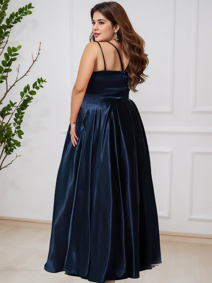 Cicinia Bleu Marine Robe de Bal Longue Simple en Satin Doux à Bretelles Fines Ligne A Grande Taille