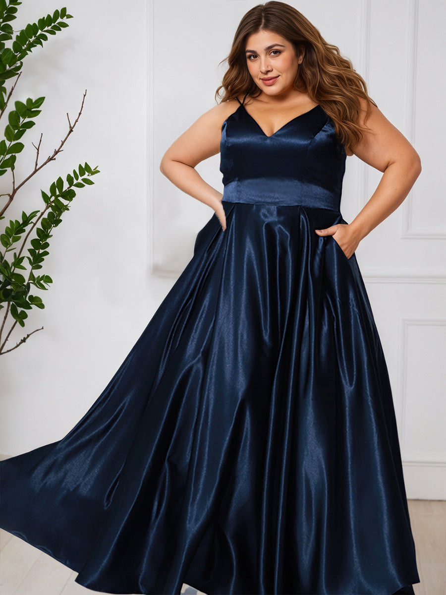 Cicinia Bleu Marine Robe de Bal Longue Simple en Satin Doux à Bretelles Fines Ligne A Grande Taille