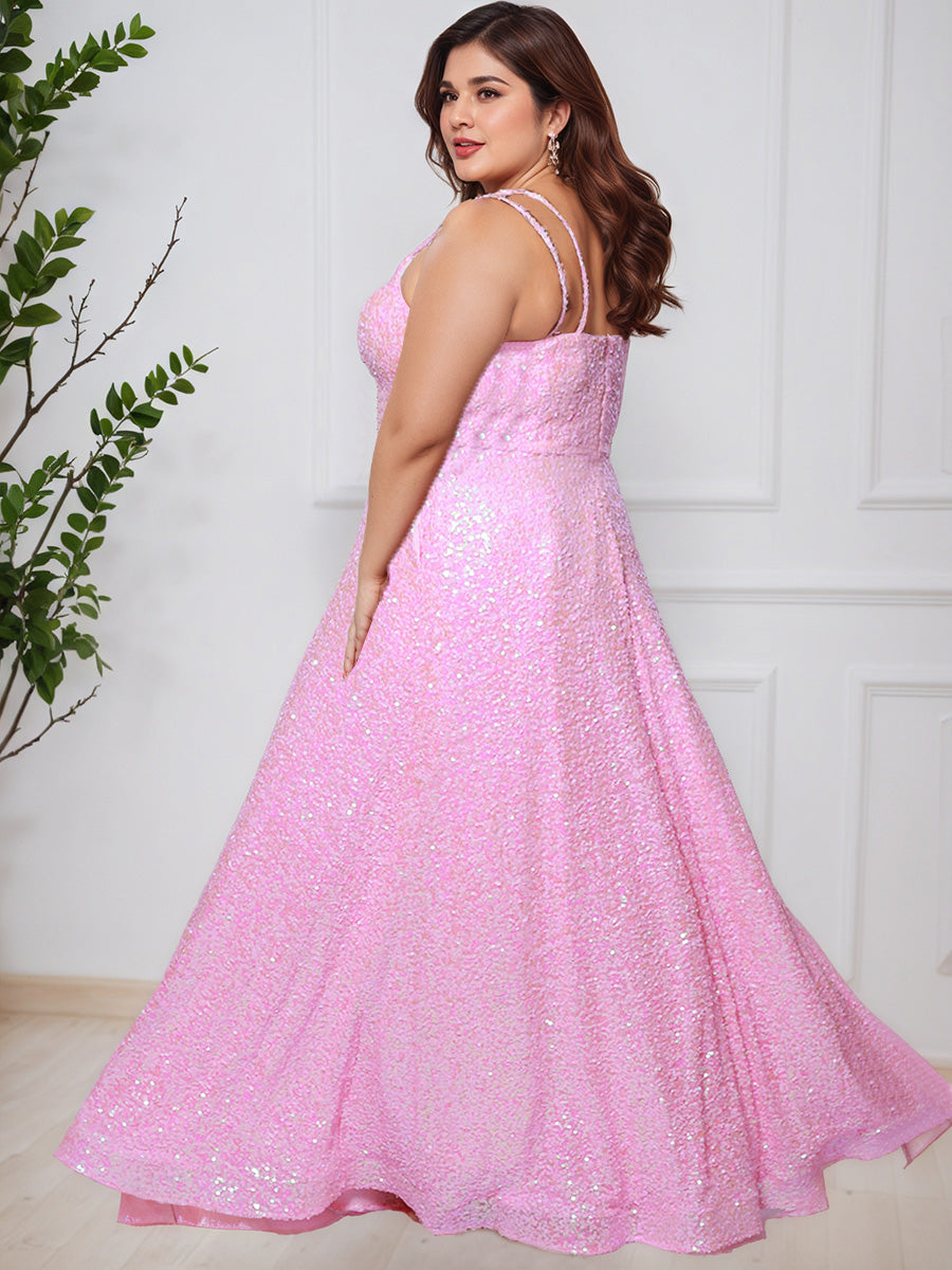 Cicinia Rose Robe de Bal Longue Élégante A-Ligne à Paillettes Bretelles Spaghetti Grande Taille