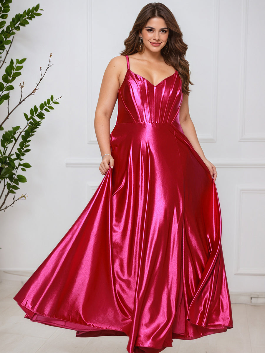 Cicinia Fuchsia Robe de Bal Longue Décolleté en V à Fente Grande Taille