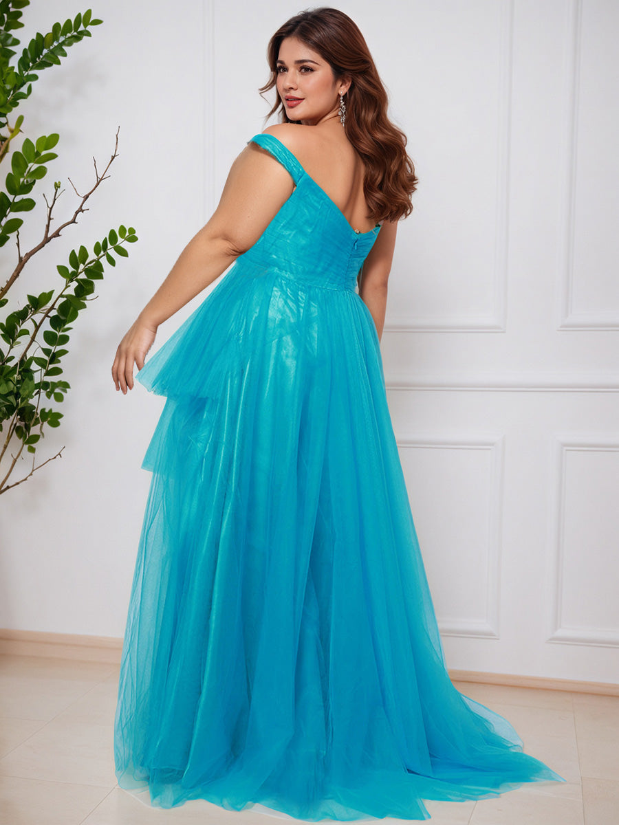 Cicinia Bleu Robe de Bal Tulle Épaules Dénudées à Fente Longue Grande Taille pour Cérémonie et Soirée Élégante