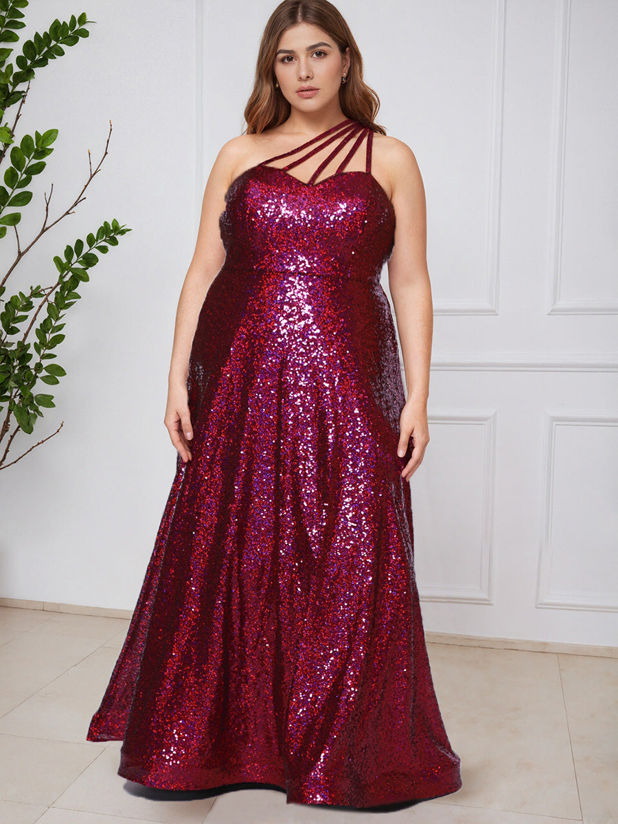 Cicinia BORDEAUX Robe de Bal Longue Pailletée Une Épaule Silhouette A-Ligne Grande Taille