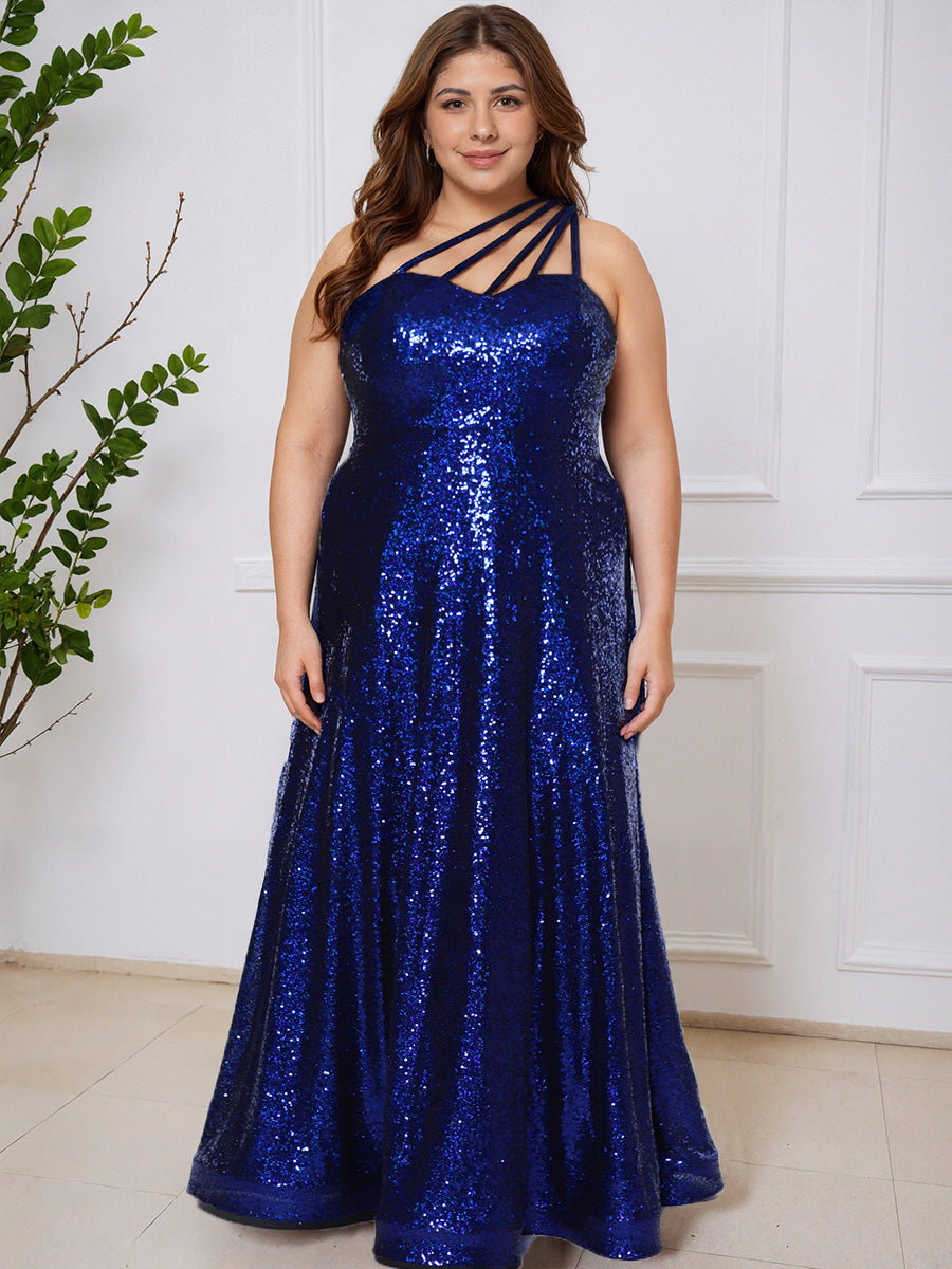 Cicinia Bleu Royal Robe de Bal Longue Pailletée Une Épaule Silhouette A-Ligne Grande Taille