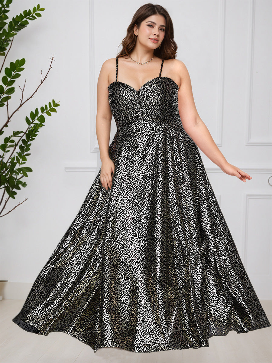 Cicinia Noir Robe de Bal Longue à Imprimé Léopard et Bretelles Fines Ligne A Grande Taille