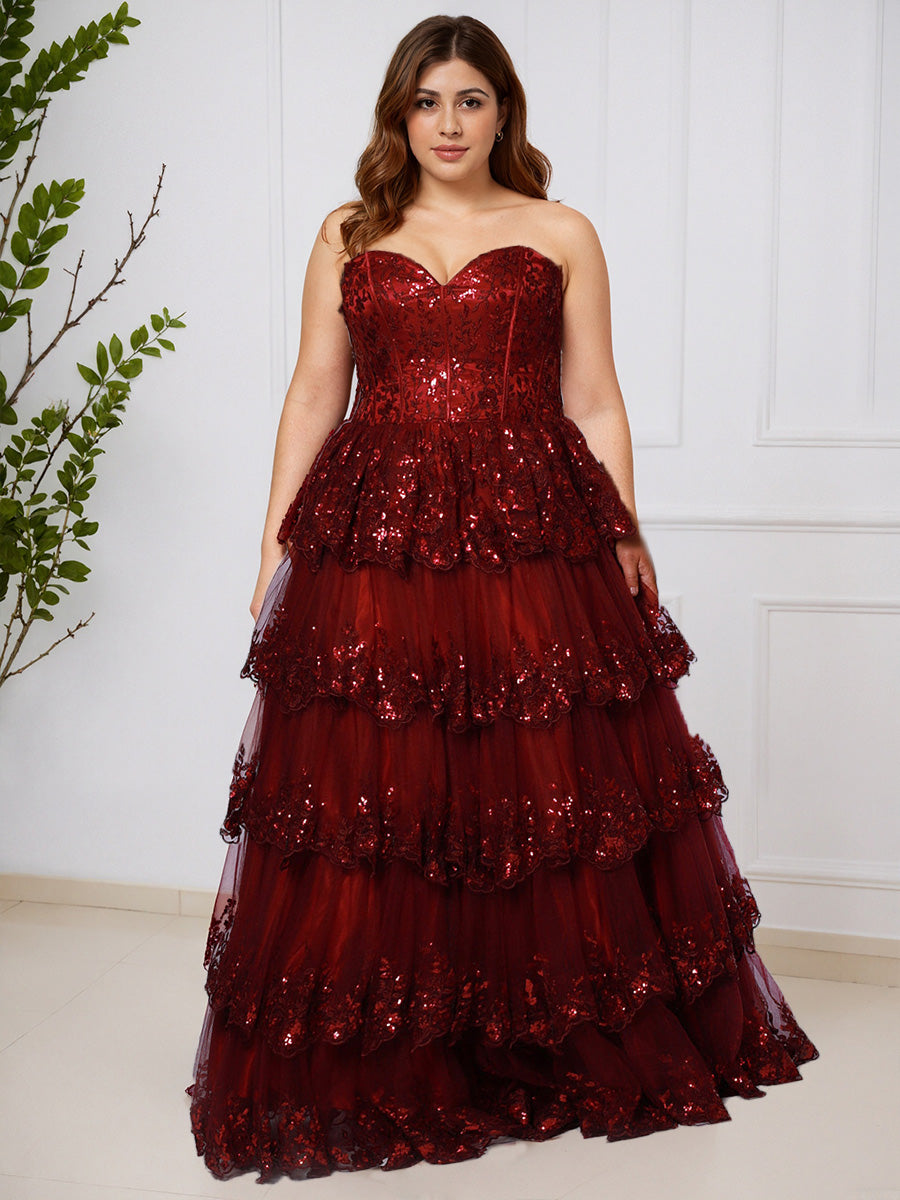 Cicinia Bordeaux Robe de Bal Longue en Dentelle Décolleté Cœur à Volants Grande Taille