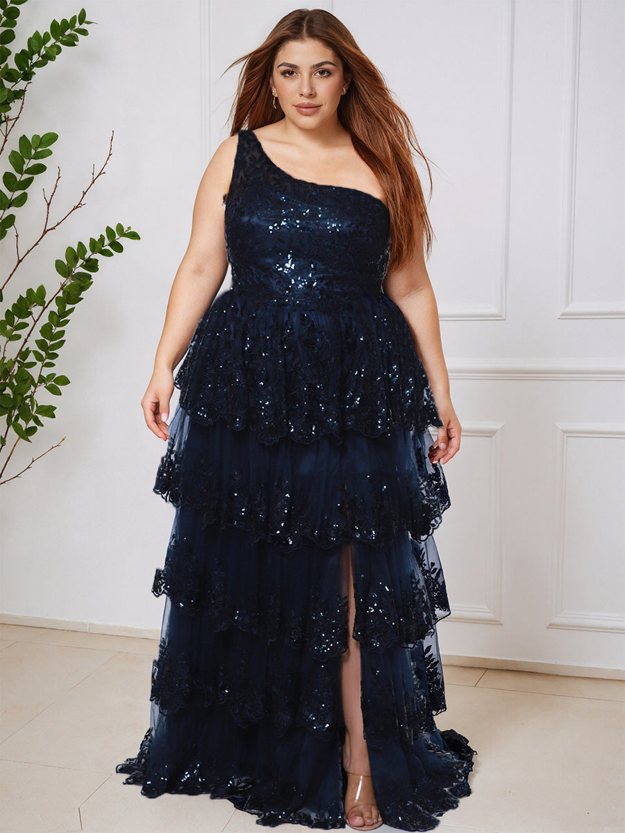 Cicinia Bleu Marine Robe de Bal Longue Élégante Une Épaule en Dentelle à Volants Grande Taille