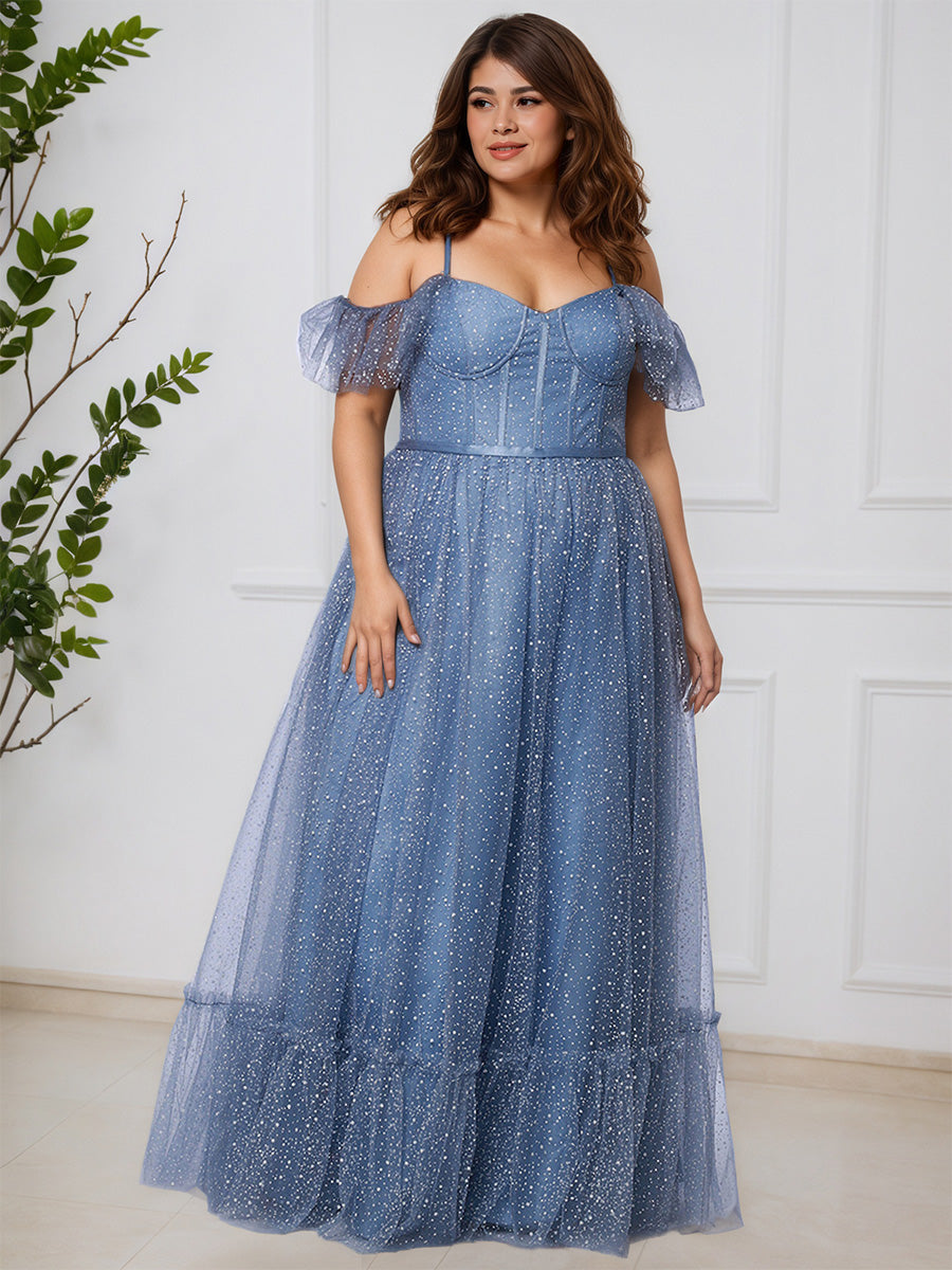 Cicinia BLEU_POUDRE Robe de Bal Longue Épaules dénudées à Bretelles Fines Grande Taille