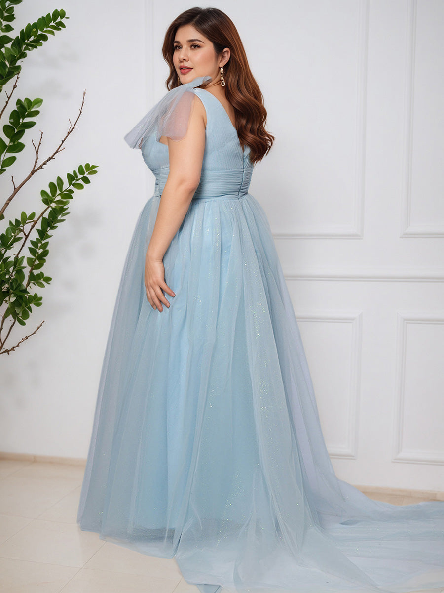 Cicinia Bleu Ciel Robe de Bal Longue Brillante en Tulle Fluide Grande Taille