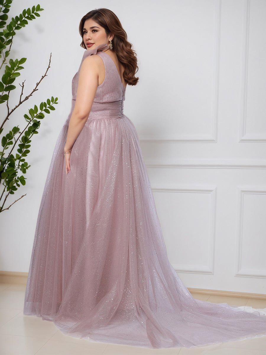 Cicinia Rose Poudré Robe de Bal Longue Brillante en Tulle Fluide Grande Taille