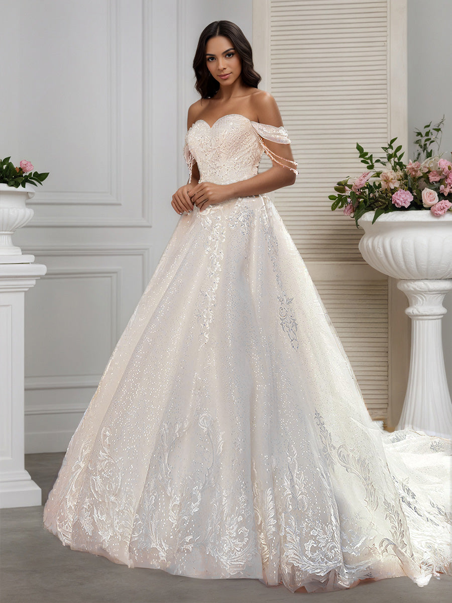 Cicinia Ivoire Robe de Mariée A-Line en Dentelle Appliqués Épaules Dénudées Exquise