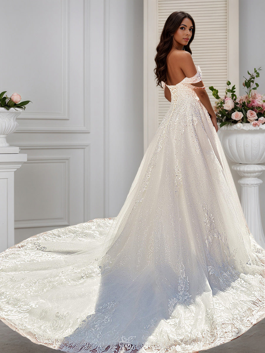 Cicinia Ivoire Robe de Mariée A-Line en Dentelle Appliqués Épaules Dénudées Exquise