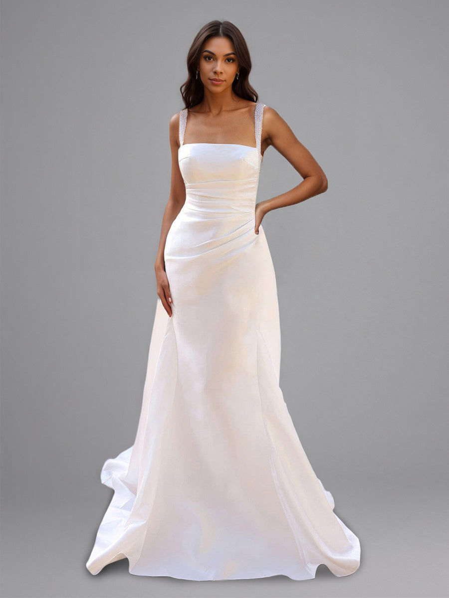 Cicinia Ivoire Robe de Mariée sans Manches Décolleté Carré à Bretelles Minimaliste
