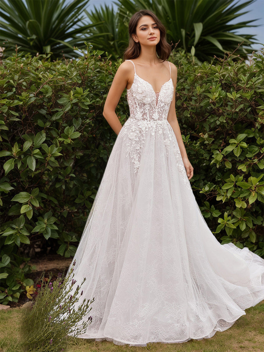 Cicinia Robe de Mariée Longue A-Line en Dentelle et Tulle Bretelles Spaghetti Dos Nud