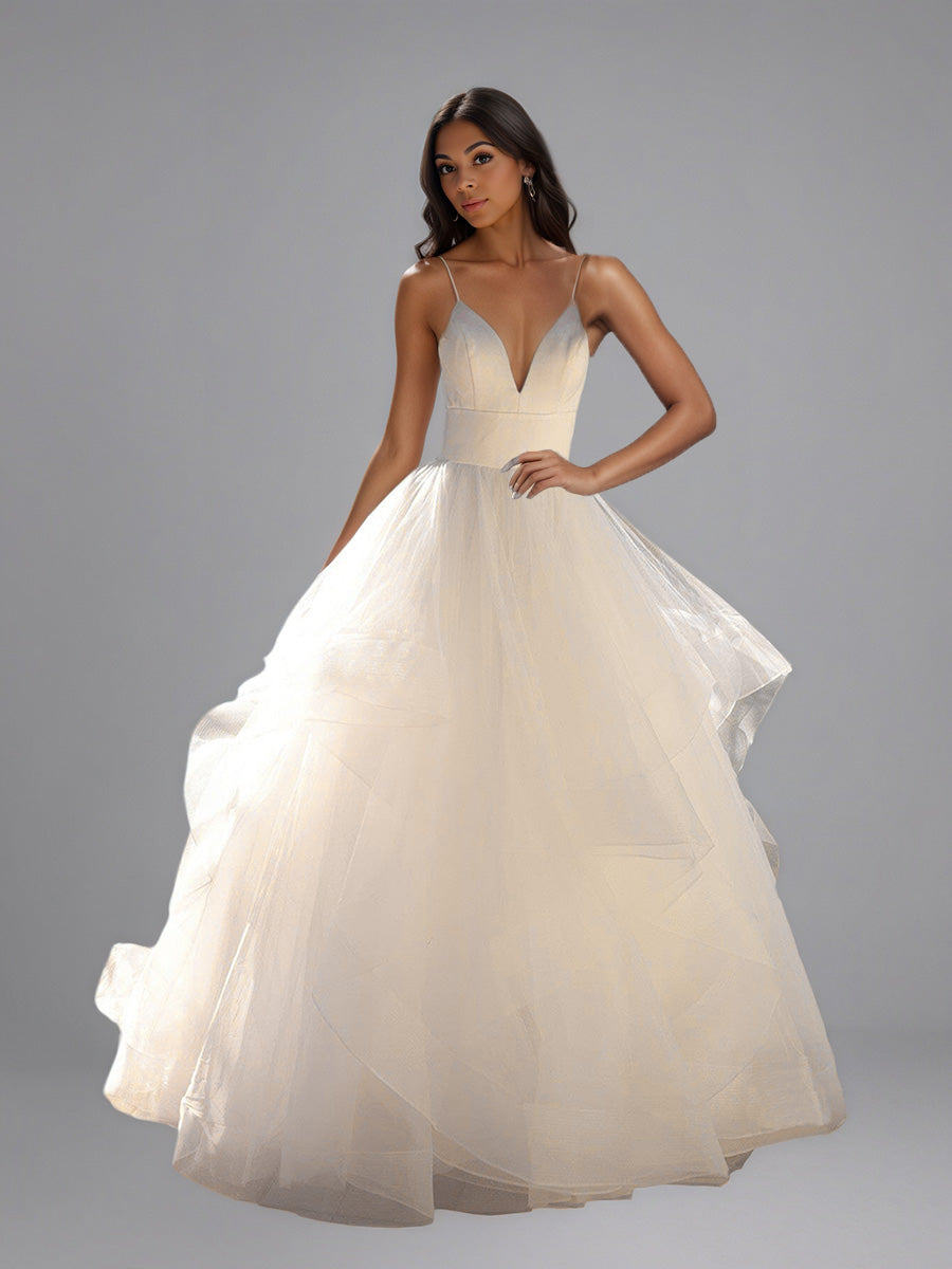 Cicinia Robe de Mariée A-Line en Tulle à Volants à Bretelles Spaghetti Décolleté en V avec Traîne Balayée