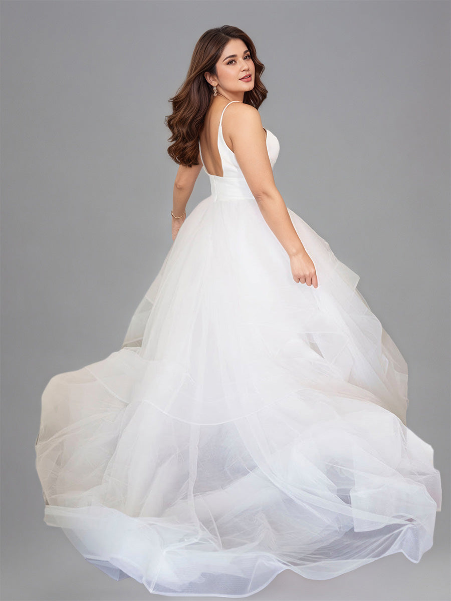 Cicinia Robe de Mariée A-Line en Tulle à Volants à Bretelles Spaghetti Décolleté en V avec Traîne Balayée
