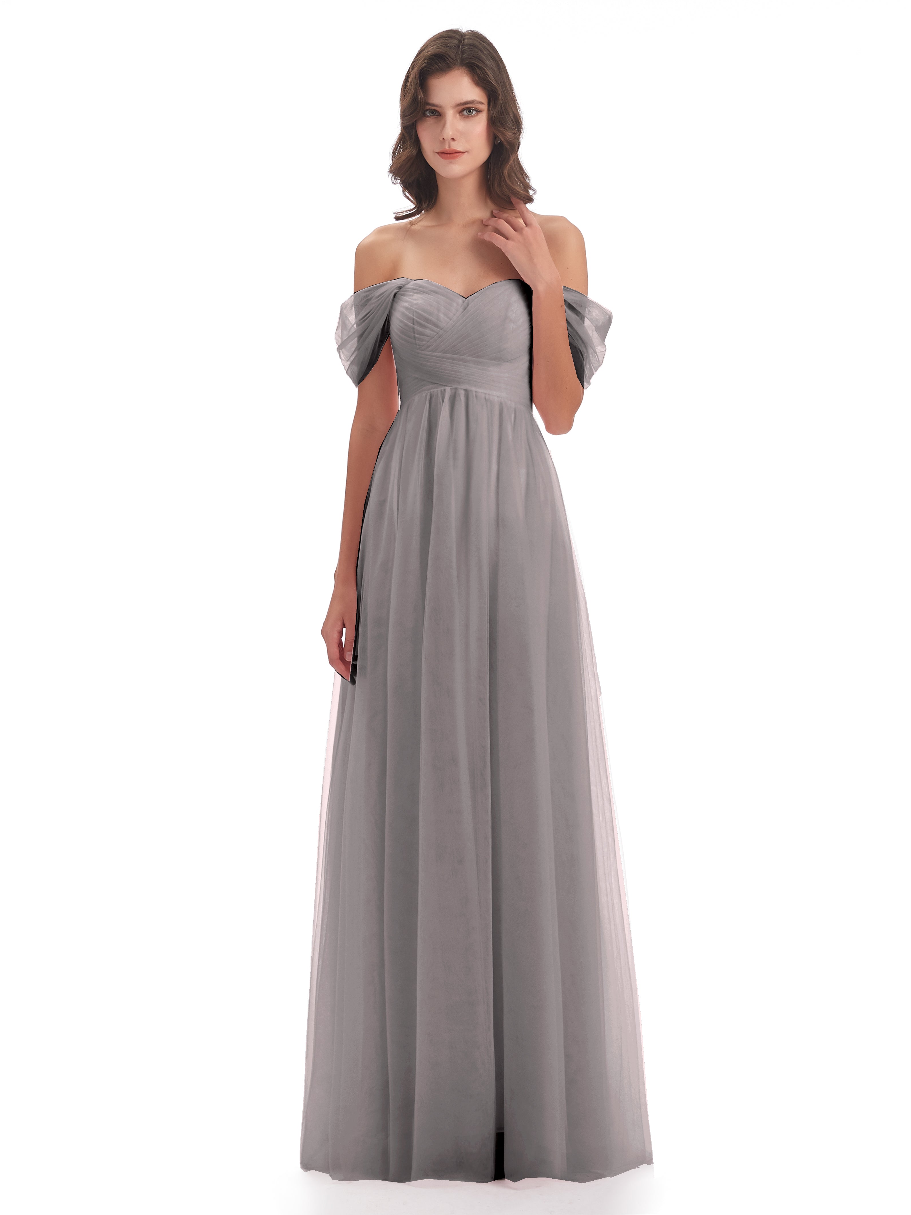 Robe Demoiselle D Honneur Argenté Trapèze Hors-La-Épaule Tulle Longue Robes Demoiselle D'Honneur