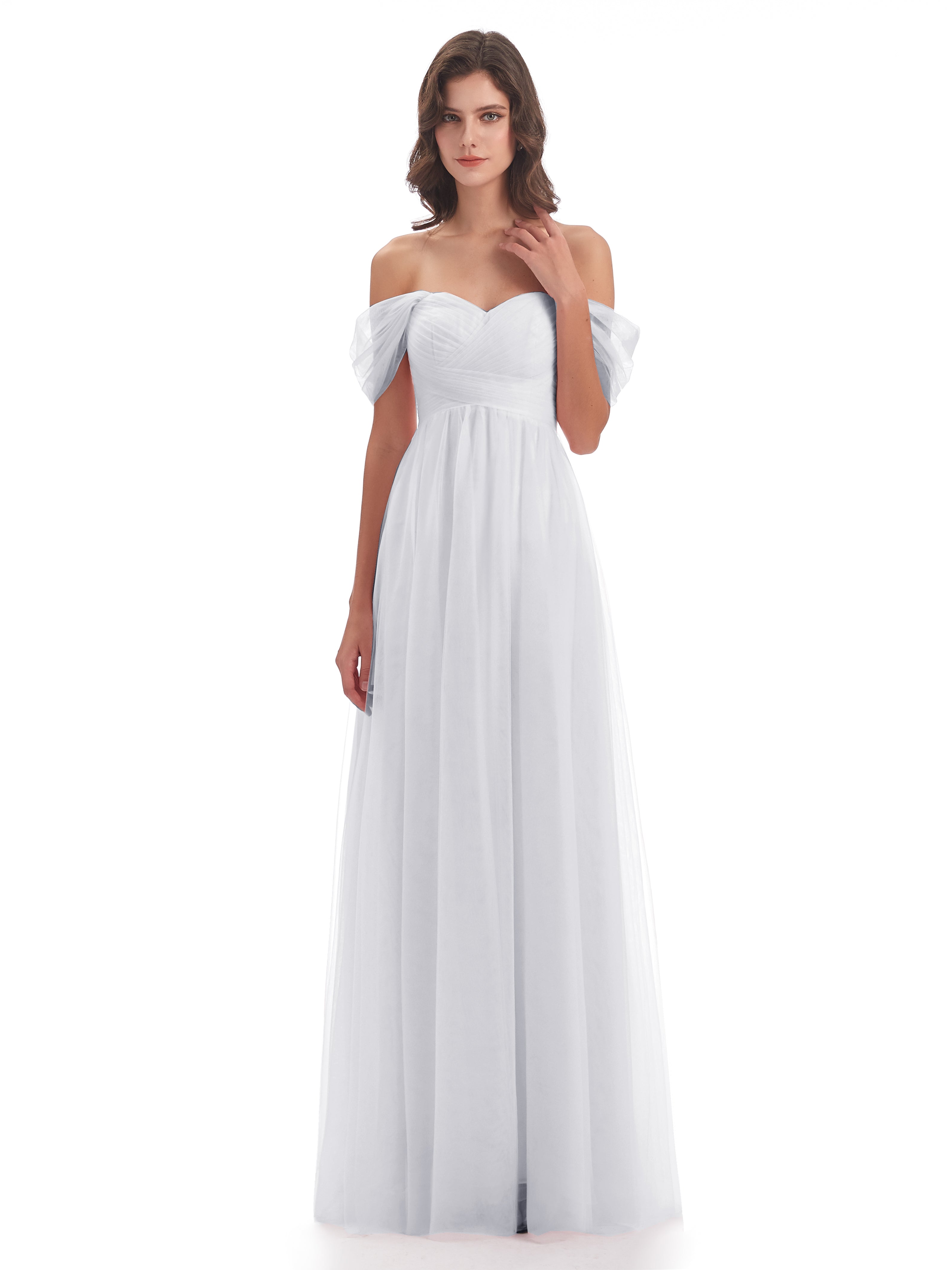 Robe Blanche Demoiselle D Honneur Femme Trapèze Hors-La-Épaule Tulle Longue Robes Demoiselle D'Honneur