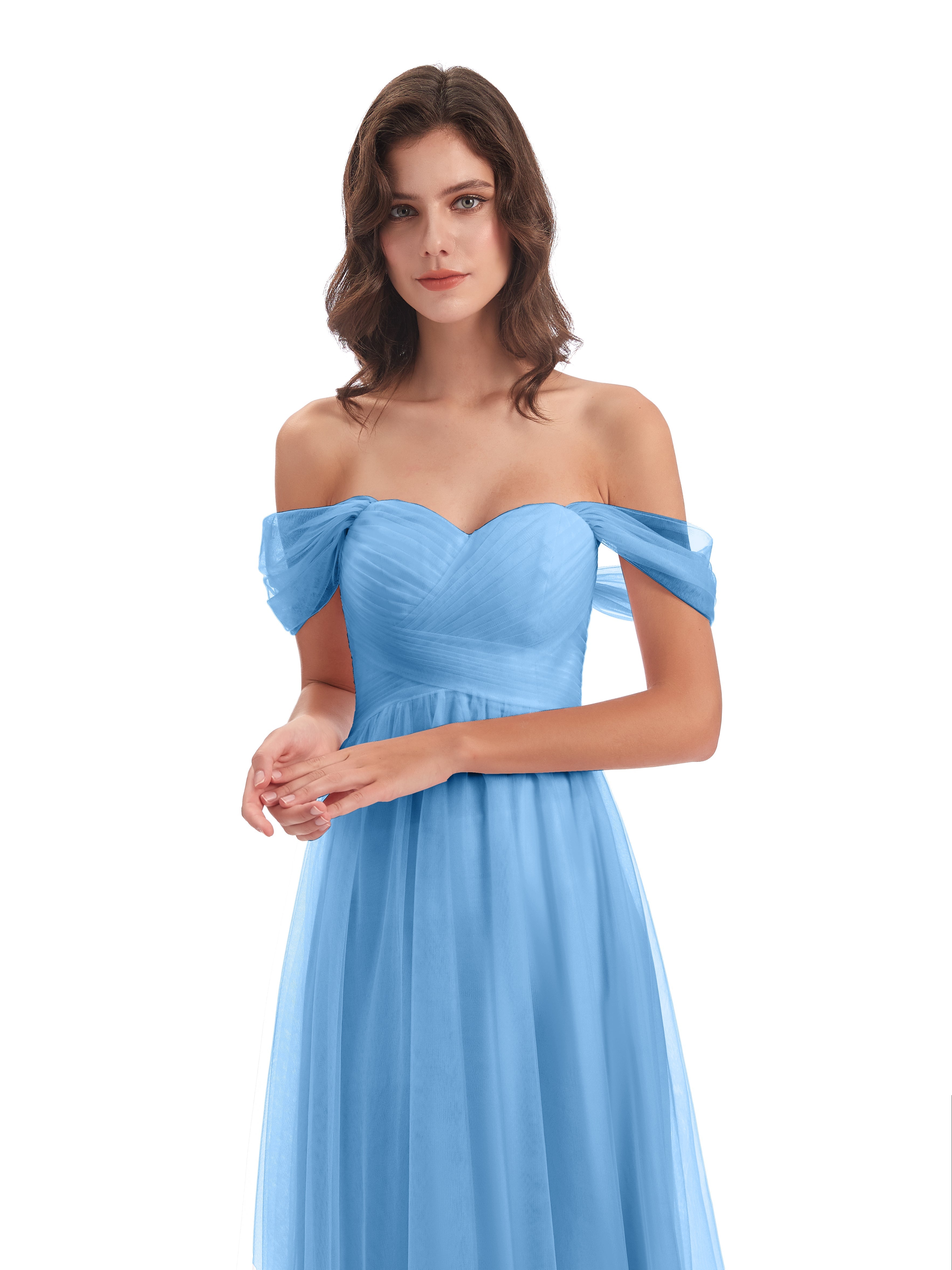 Robes De Demoiselle D'Honneur Bleues Longues Trapèze Hors-La-Épaule Tulle Longue Robes Demoiselle D'Honneur