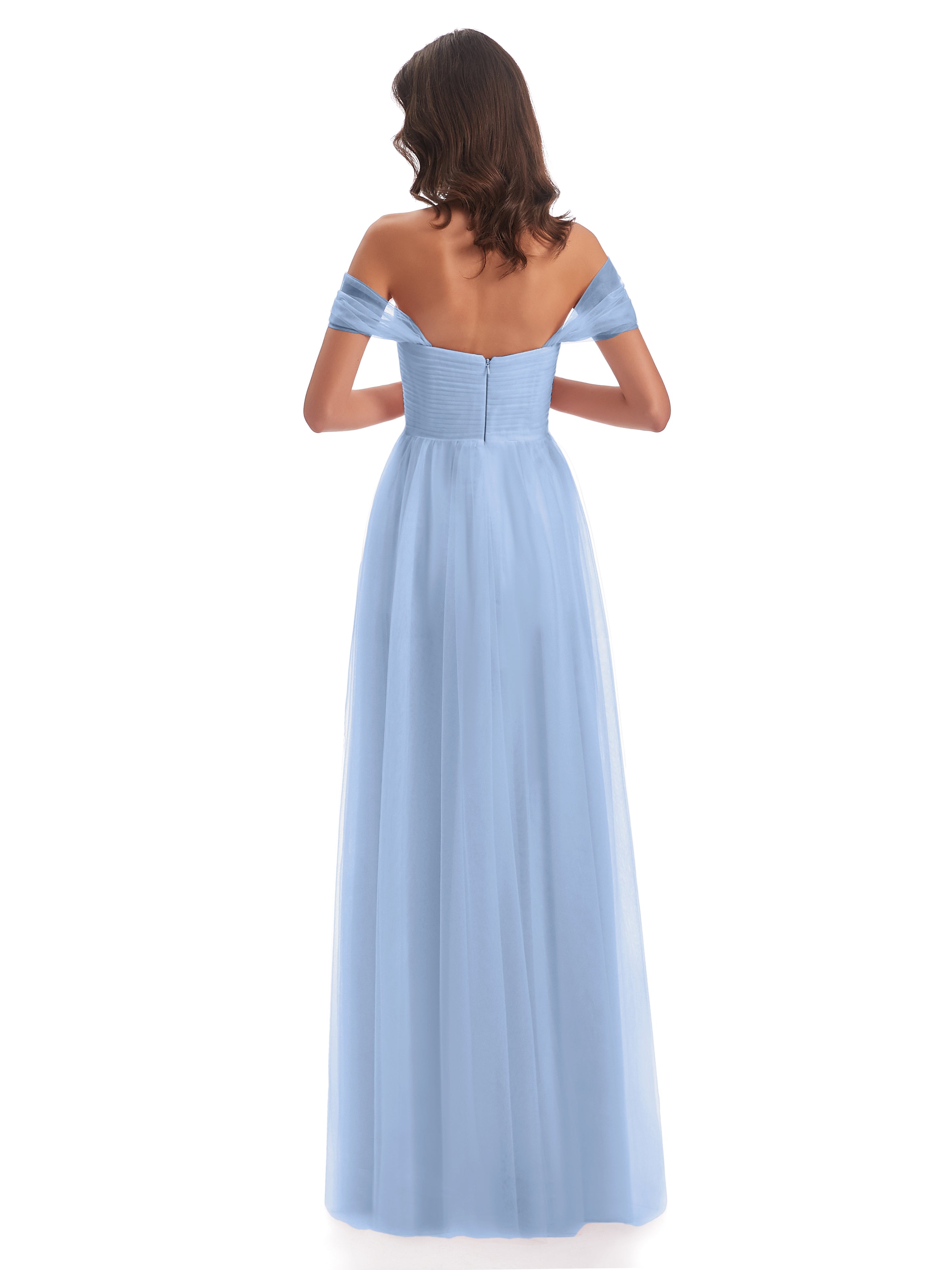 Robe Demoiselle D Honneur Bleue Ciel Trapèze Hors-La-Épaule Tulle Longue Robes Demoiselle D'Honneur