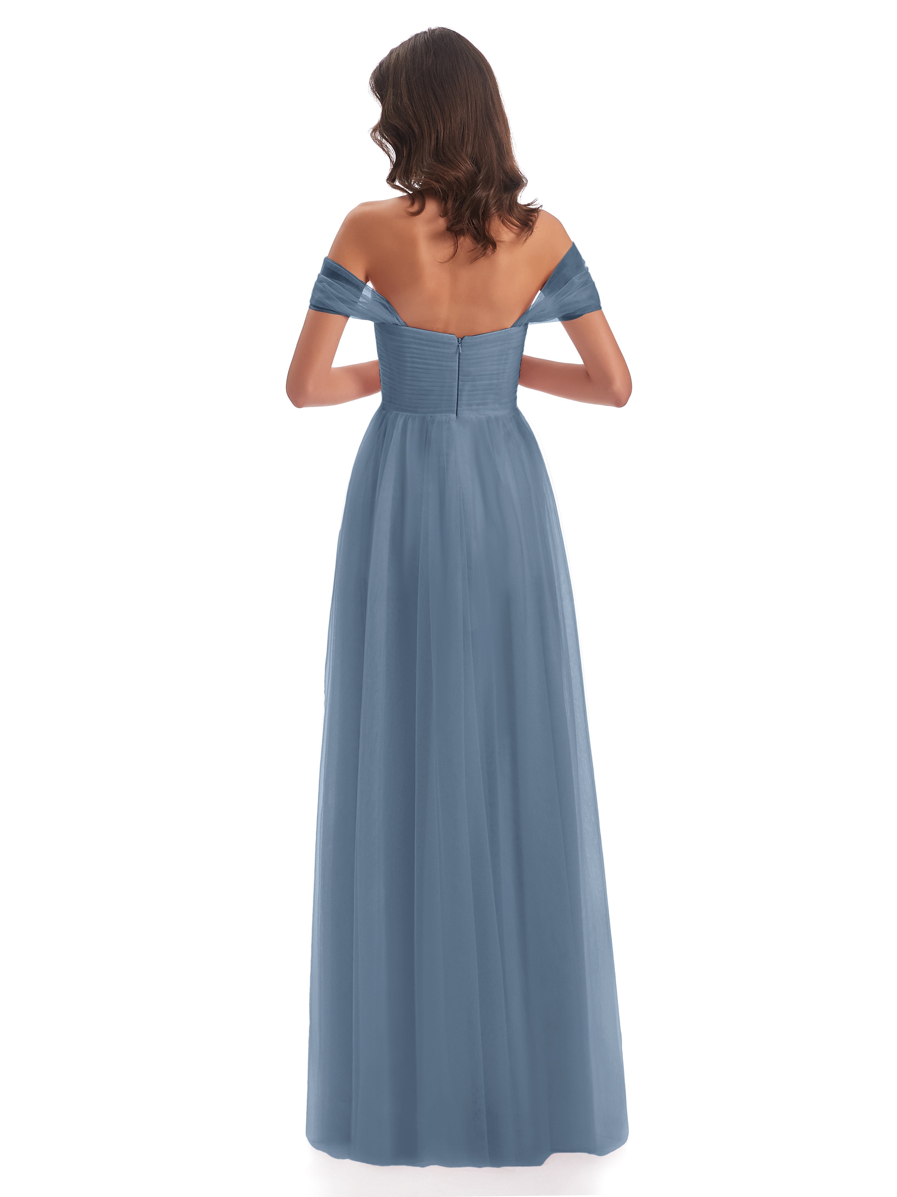 Robes De Demoiselle D'Honneur Bleu De Schiste Trapèze Hors-La-Épaule Tulle Longue Robes Demoiselle D'Honneur