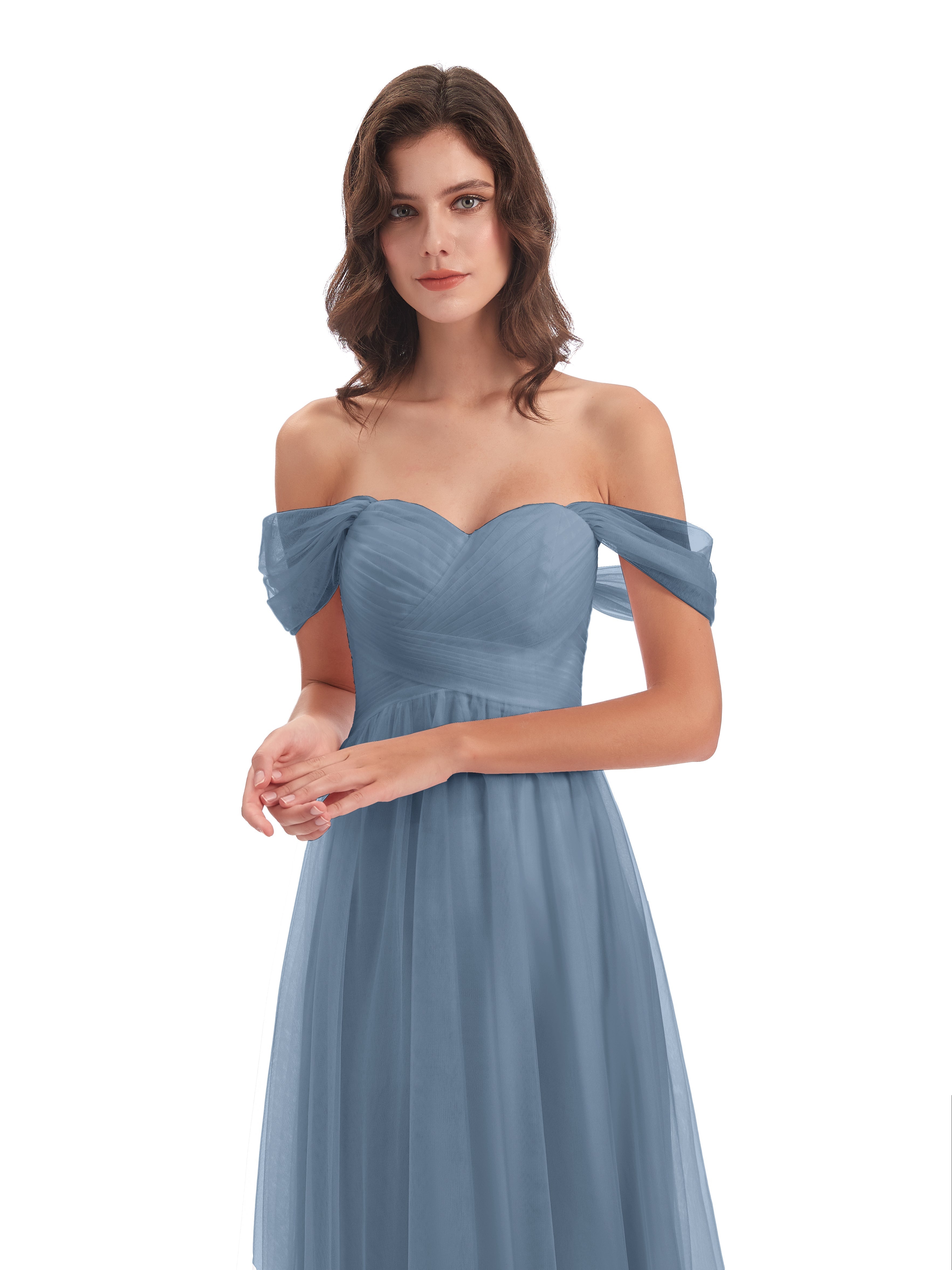 Robes De Demoiselle D'Honneur Bleu De Schiste Trapèze Hors-La-Épaule Tulle Longue Robes Demoiselle D'Honneur