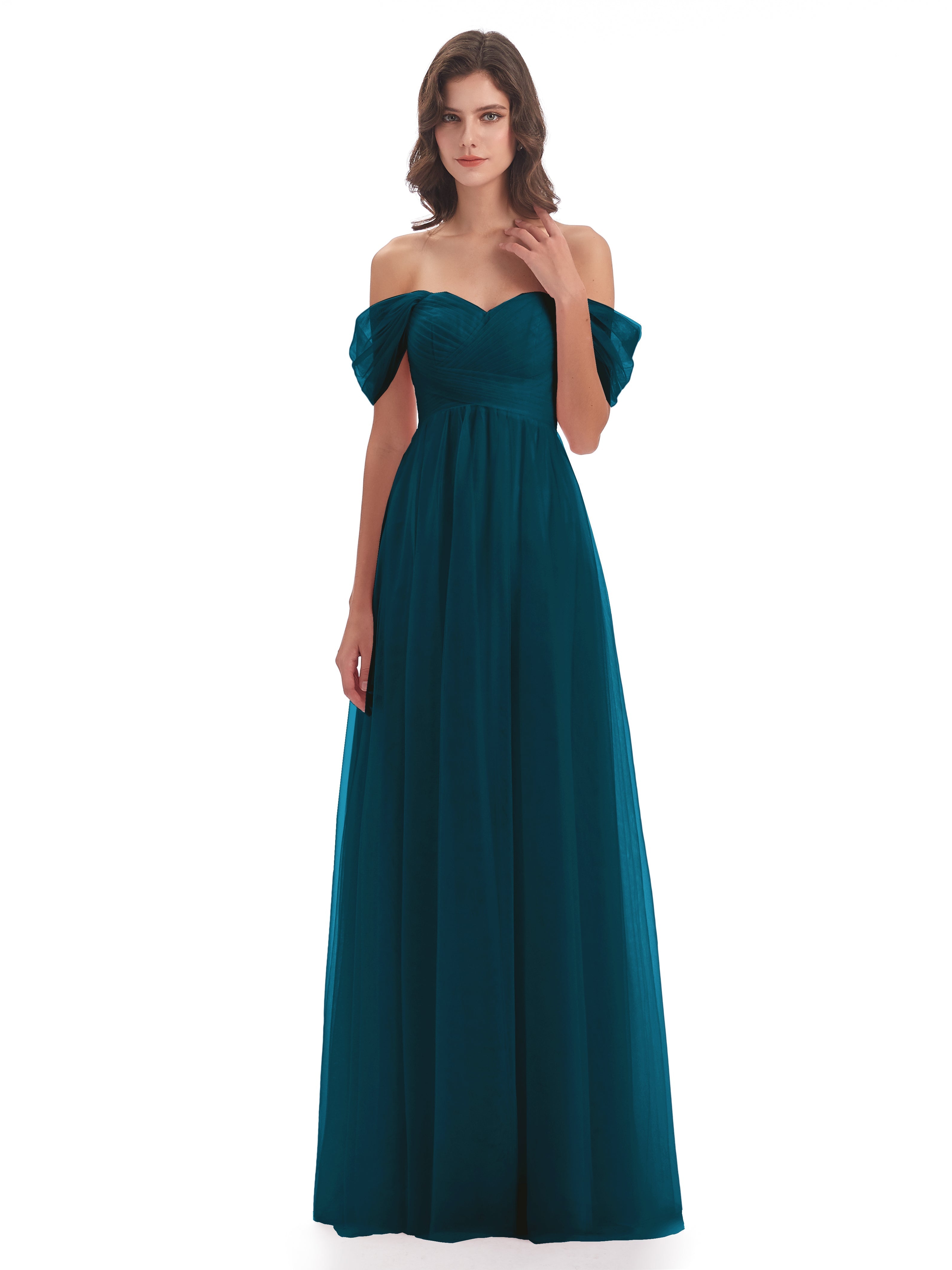 Robes De Demoiselle D'Honneur Bleu Encre Trapèze Hors-La-Épaule Tulle Longue Robes Demoiselle D'Honneur