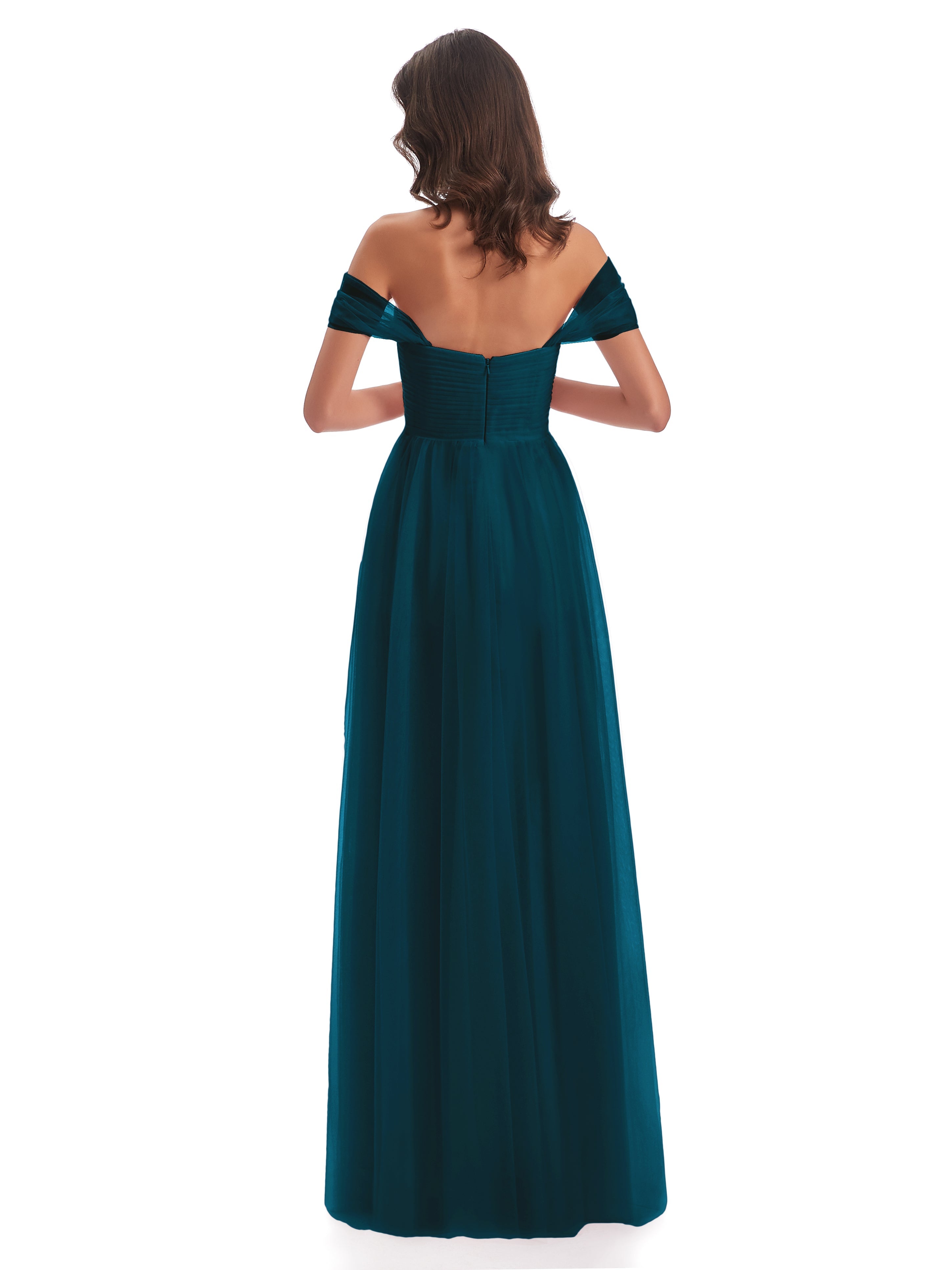 Robes De Demoiselle D'Honneur Bleu Encre Trapèze Hors-La-Épaule Tulle Longue Robes Demoiselle D'Honneur