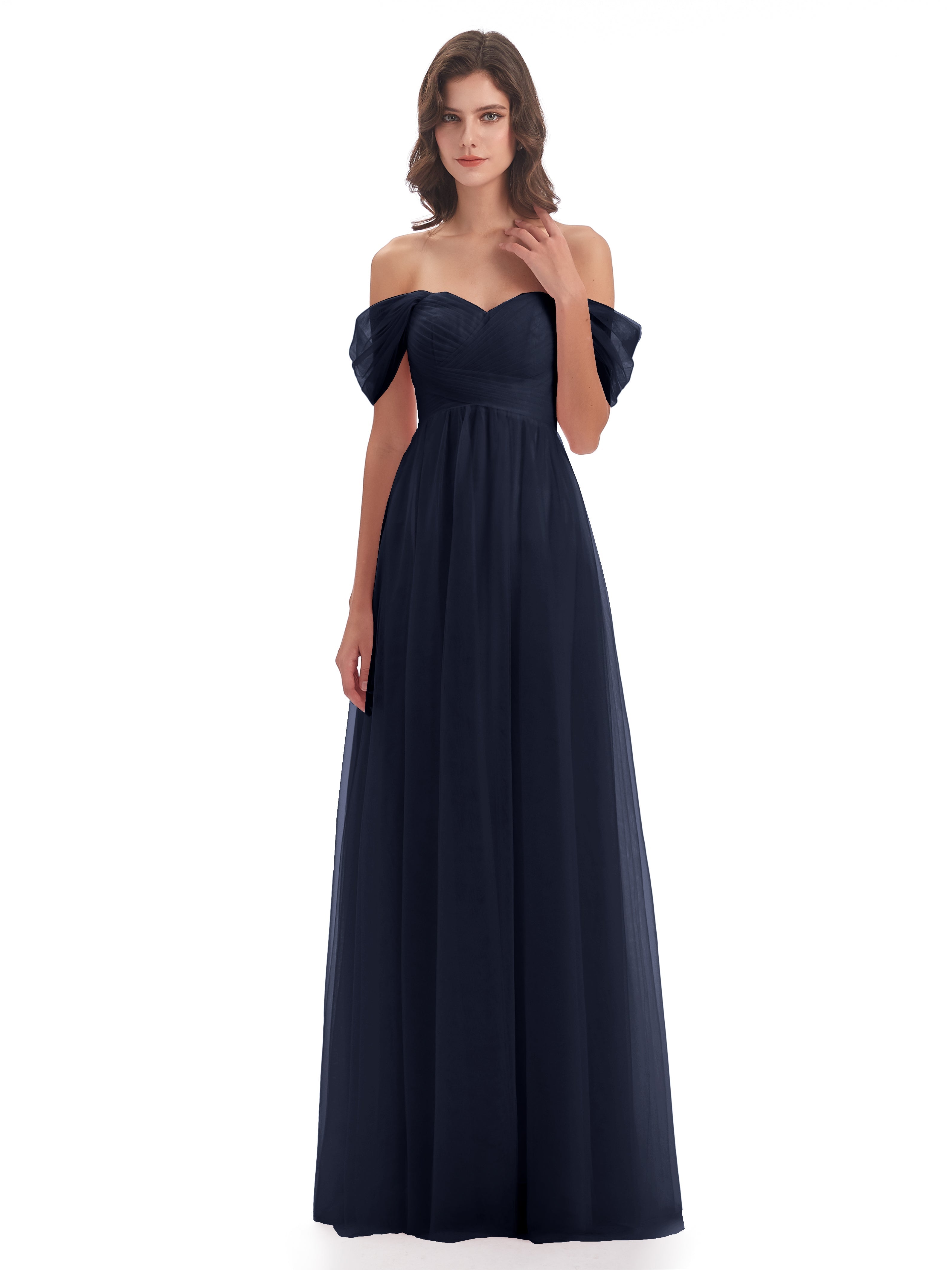 Robes De Demoiselle D'Honneur Bleu Marine Foncé Trapèze Hors-La-Épaule Tulle Longue Robes Demoiselle D'Honneur