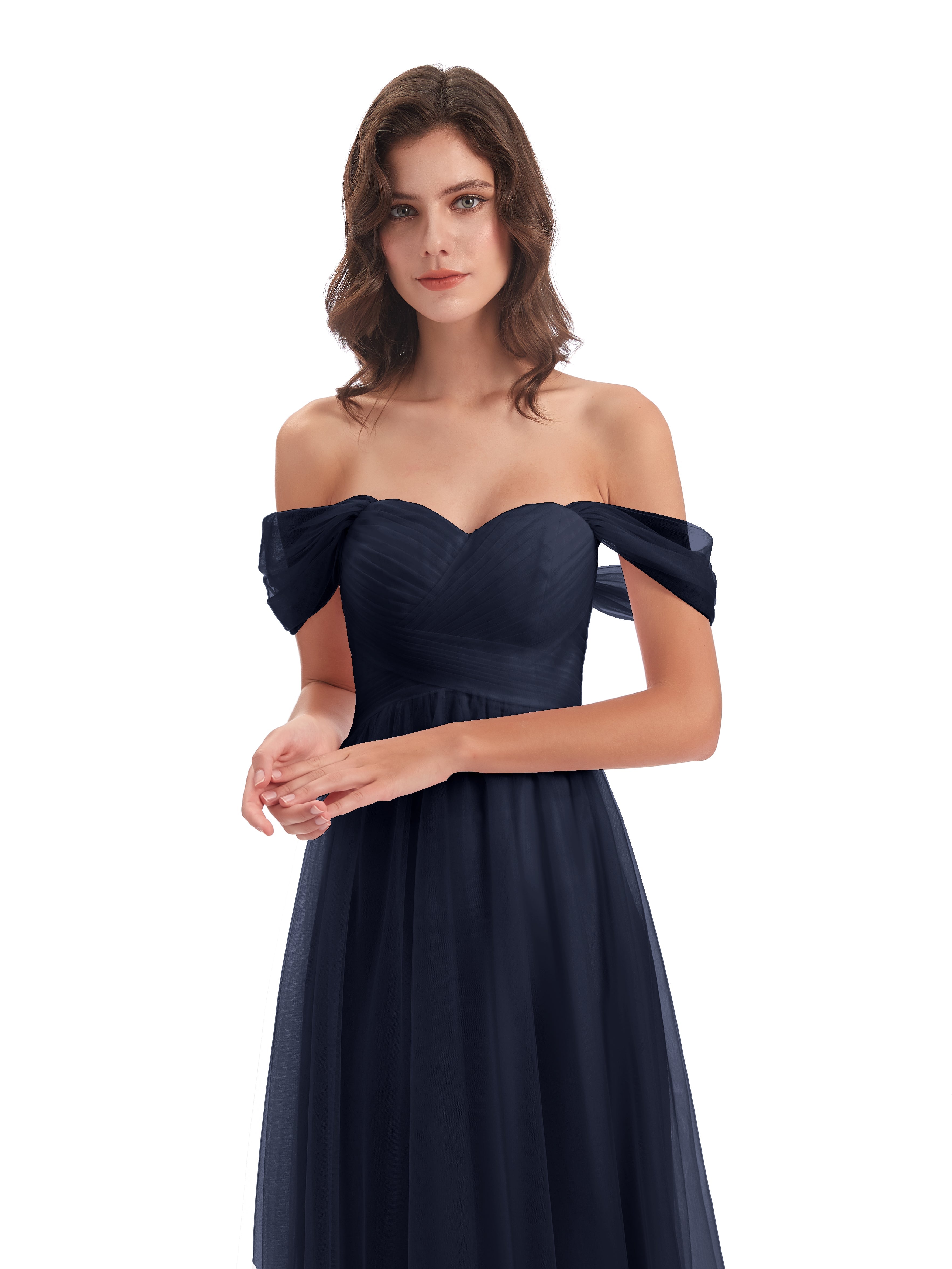 Robes De Demoiselle D'Honneur Bleu Marine Foncé Trapèze Hors-La-Épaule Tulle Longue Robes Demoiselle D'Honneur