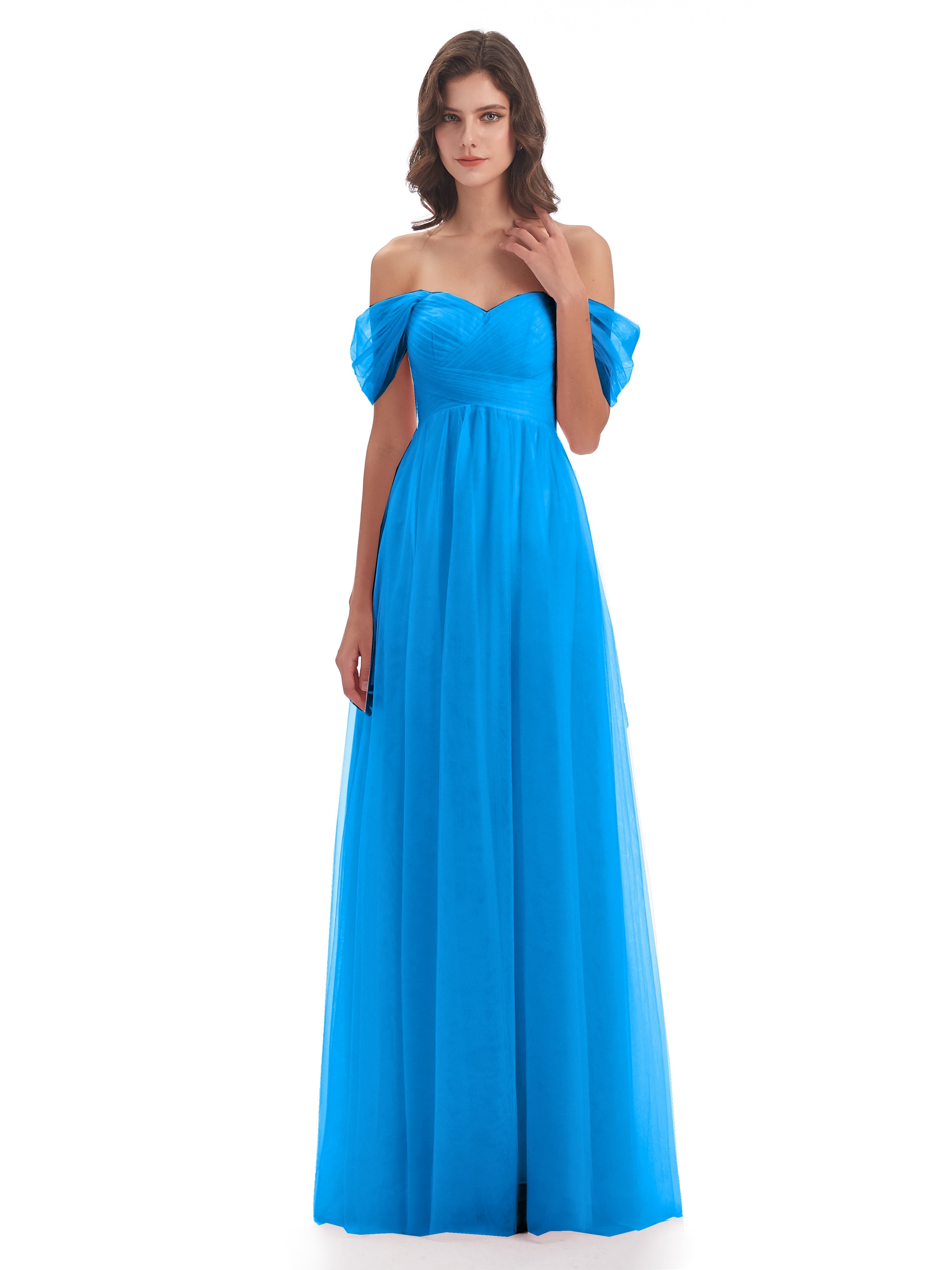 Robes De Demoiselle D'Honneur Bleu Océan Trapèze Hors-La-Épaule Tulle Longue Robes Demoiselle D'Honneur