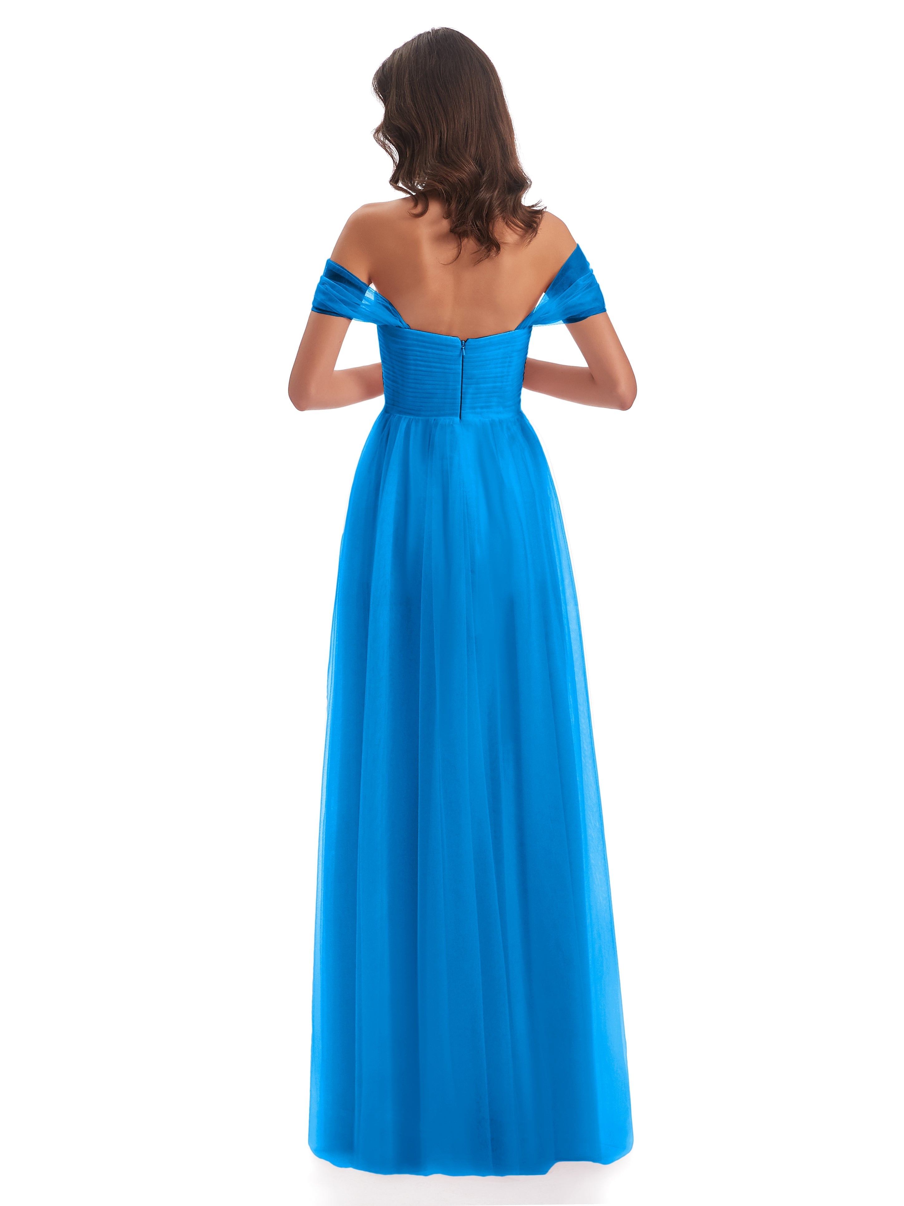 Robes De Demoiselle D'Honneur Bleu Océan Trapèze Hors-La-Épaule Tulle Longue Robes Demoiselle D'Honneur