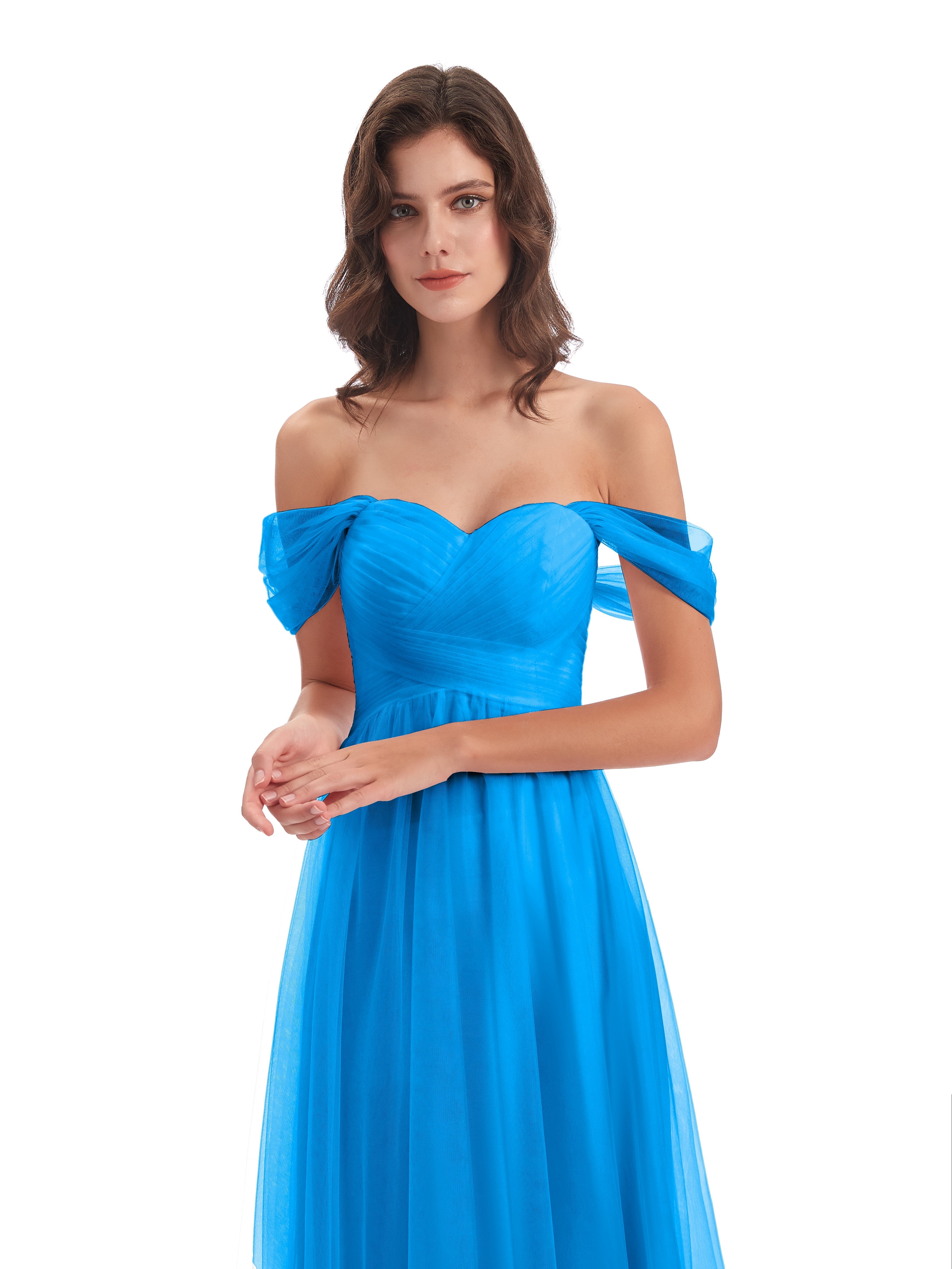 Robes De Demoiselle D'Honneur Bleu Océan Trapèze Hors-La-Épaule Tulle Longue Robes Demoiselle D'Honneur