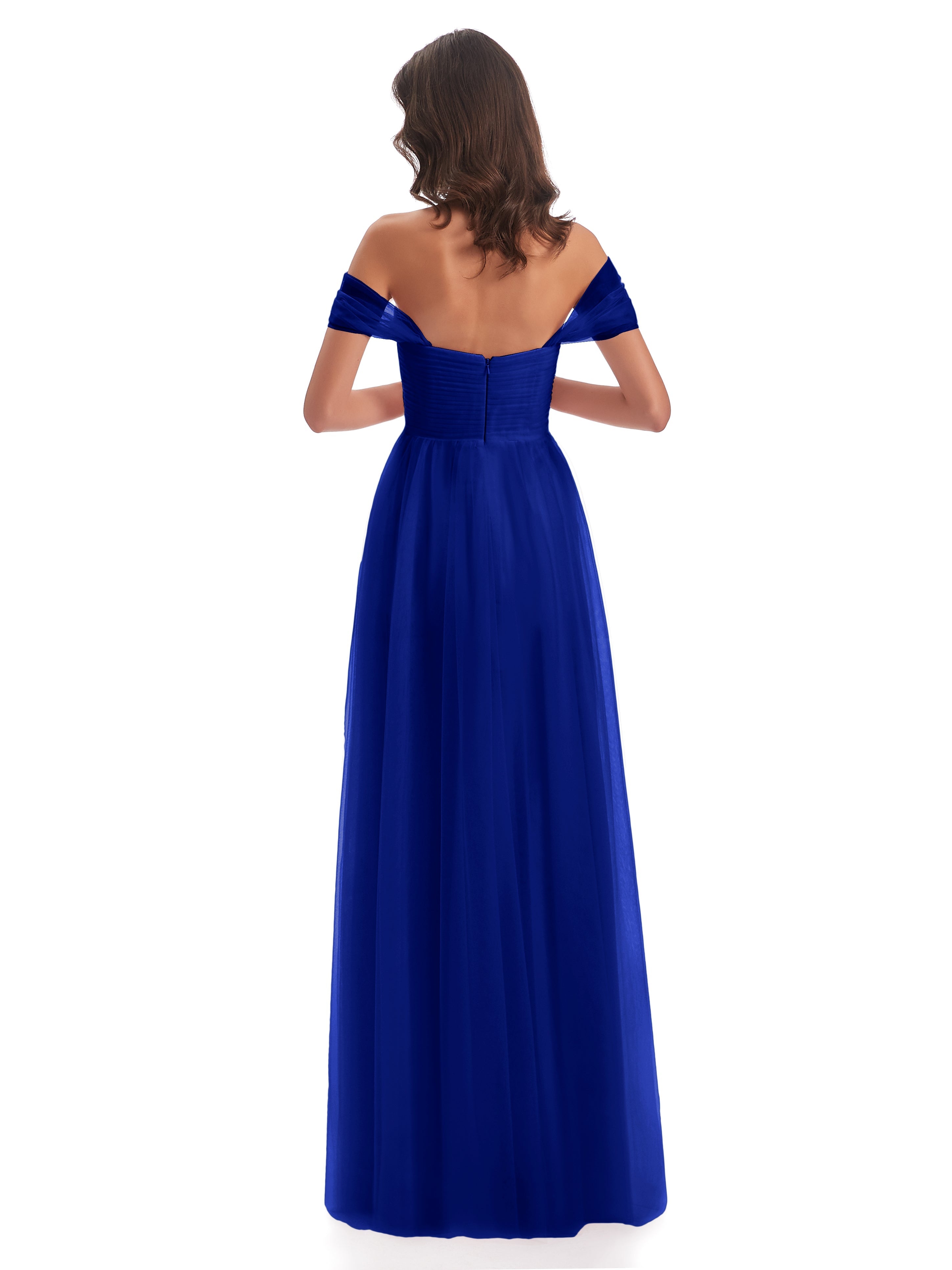 Robes De Demoiselle D'Honneur Bleu Royal Trapèze Hors-La-Épaule Tulle Longue Robes Demoiselle D'Honneur