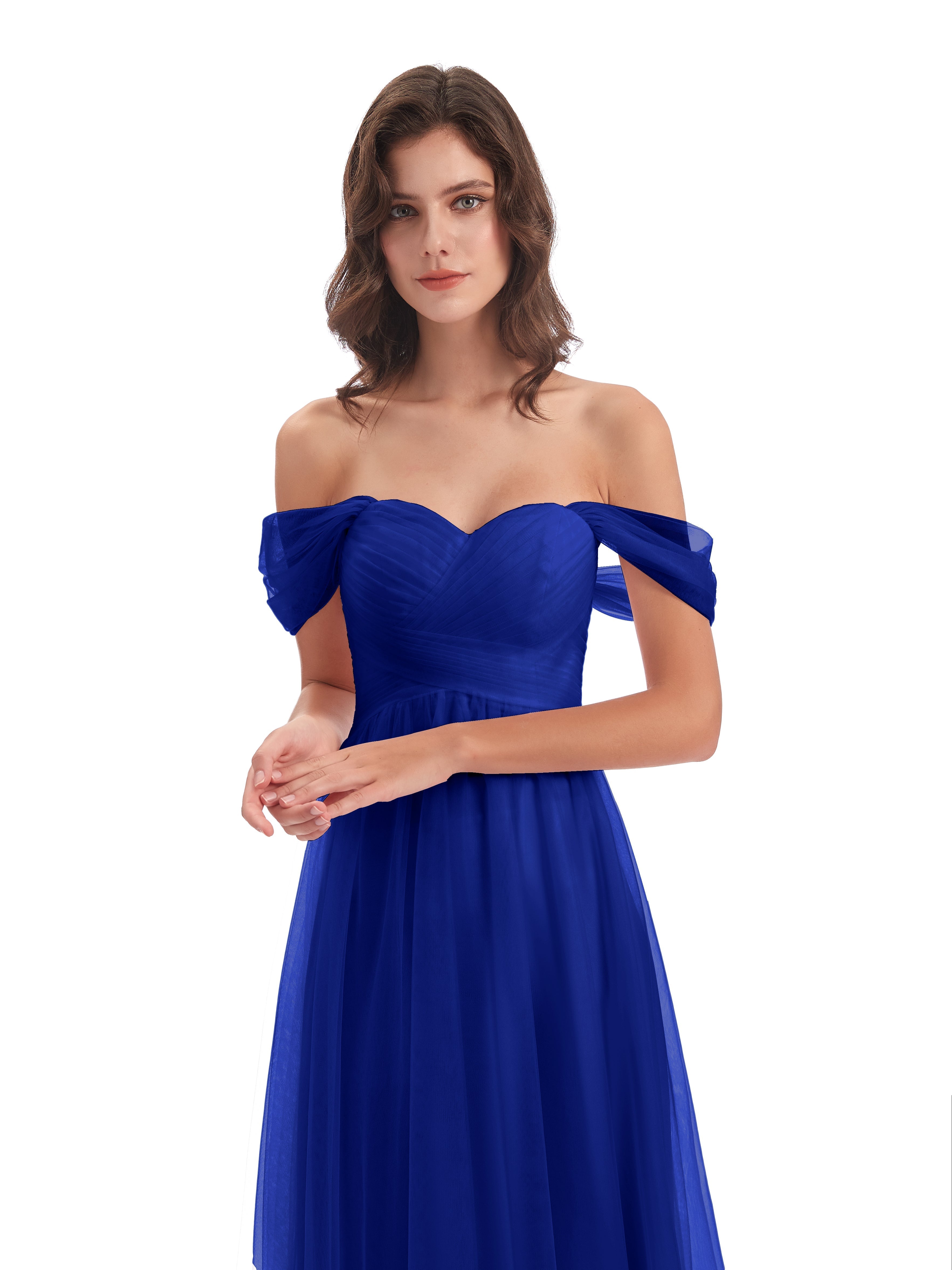 Robes De Demoiselle D'Honneur Bleu Royal Trapèze Hors-La-Épaule Tulle Longue Robes Demoiselle D'Honneur