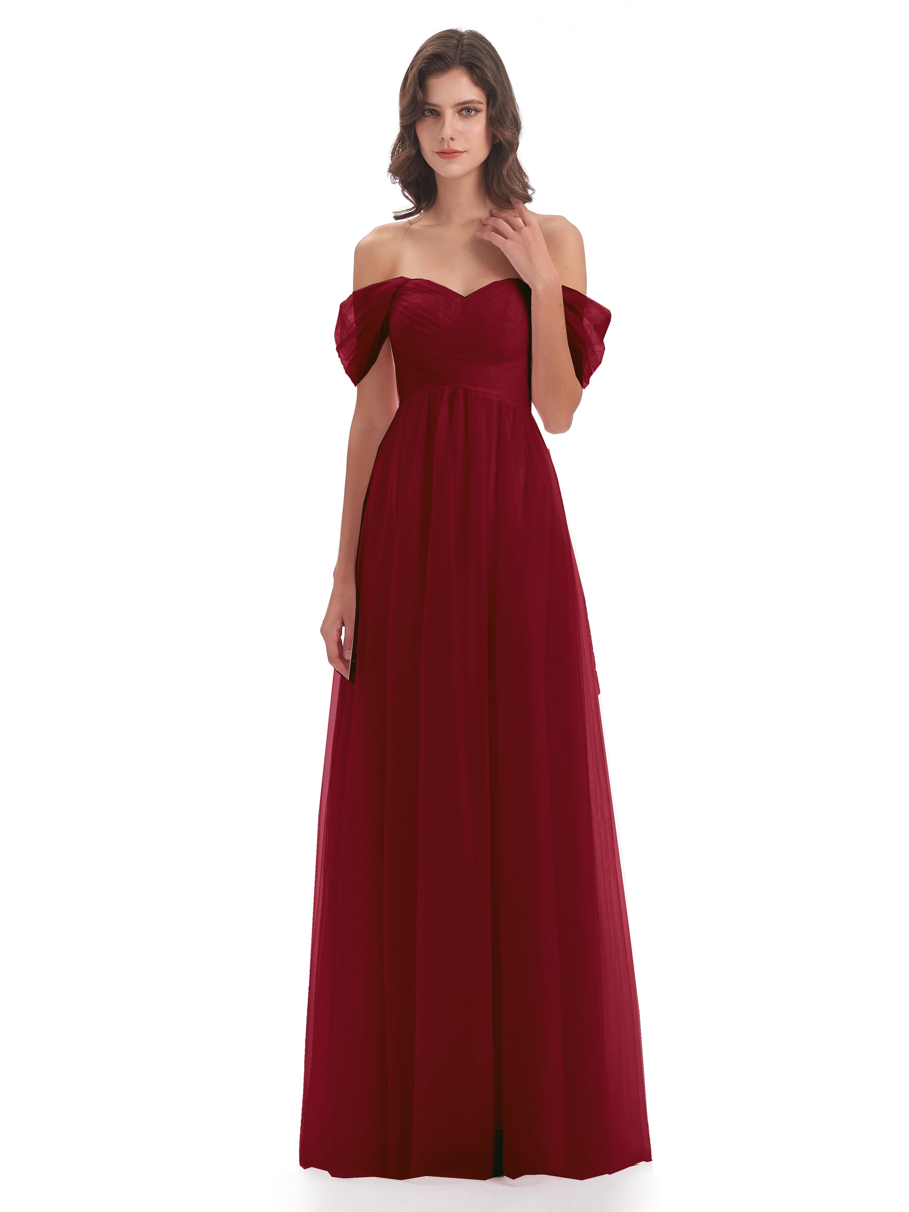 Modestes Robes De Demoiselle D'Honneur Bordeaux Trapèze Hors-La-Épaule Tulle Longue Robes Demoiselle D'Honneur