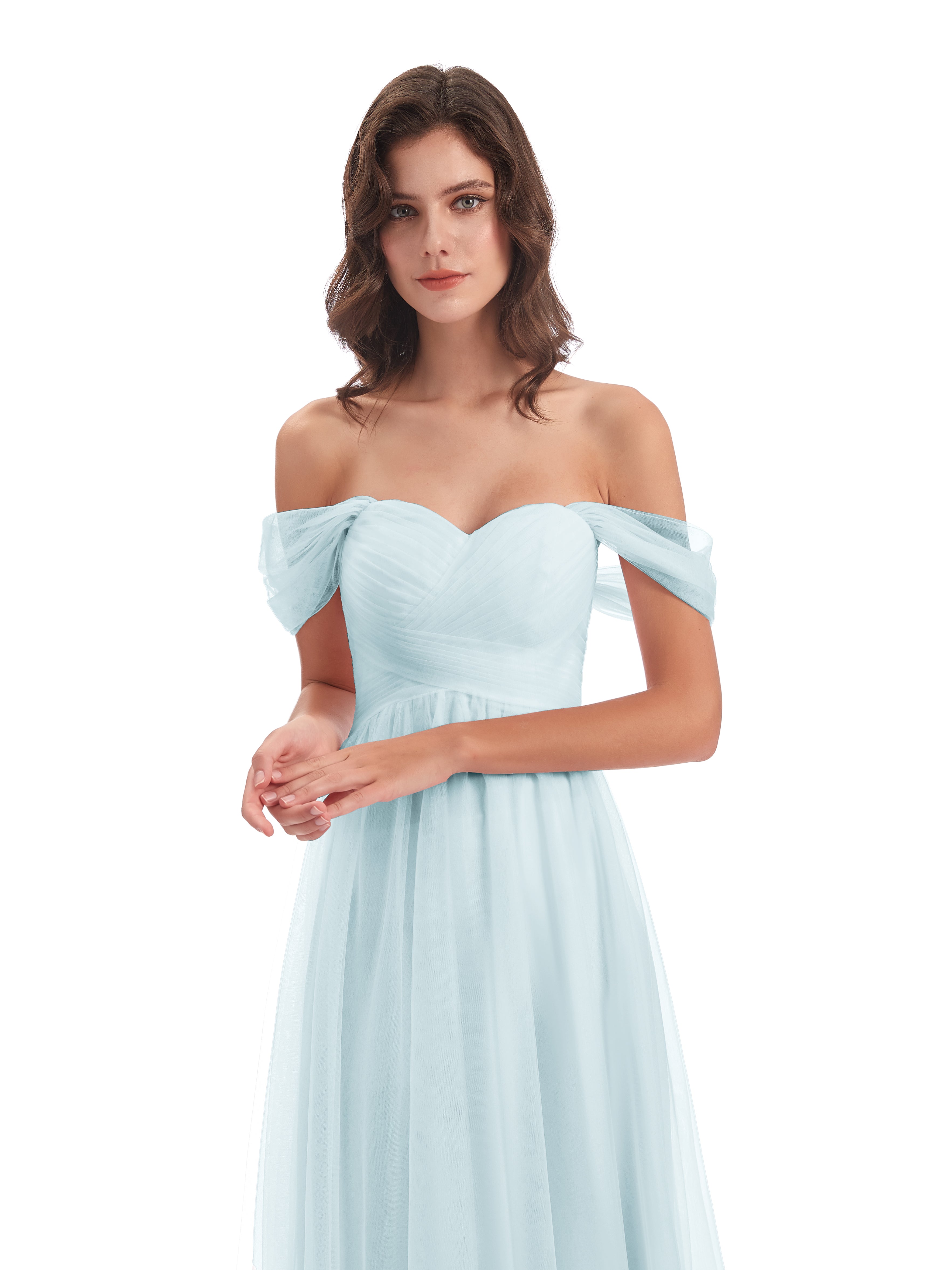 Robe De Demoiselle D'Honneur Brume Trapèze Hors-La-Épaule Tulle Longue Robes Demoiselle D'Honneur
