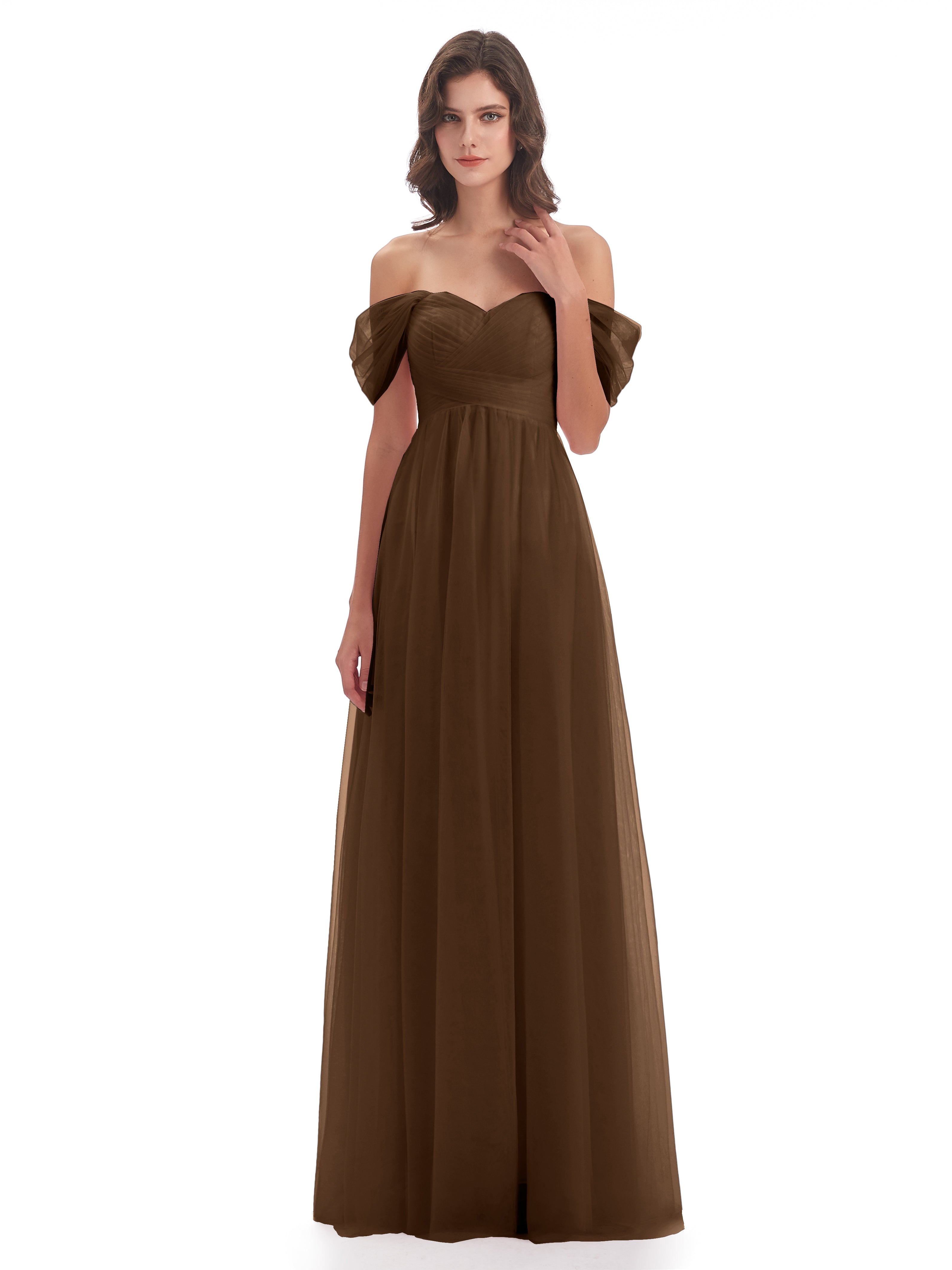 Robe Demoiselle D Honneur Brun Trapèze Hors-La-Épaule Tulle Longue Robes Demoiselle D'Honneur