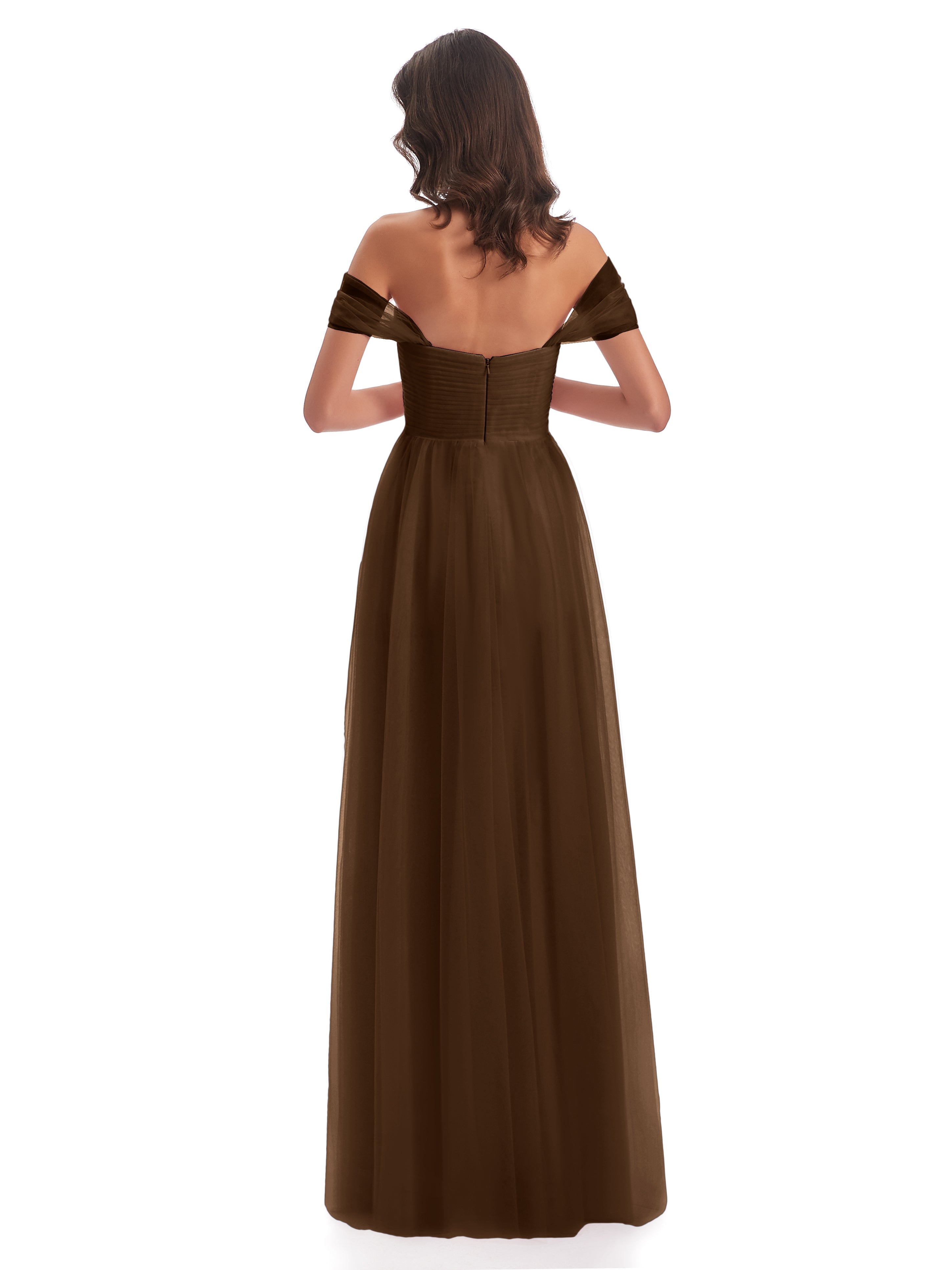 Robe Demoiselle D Honneur Brun Trapèze Hors-La-Épaule Tulle Longue Robes Demoiselle D'Honneur