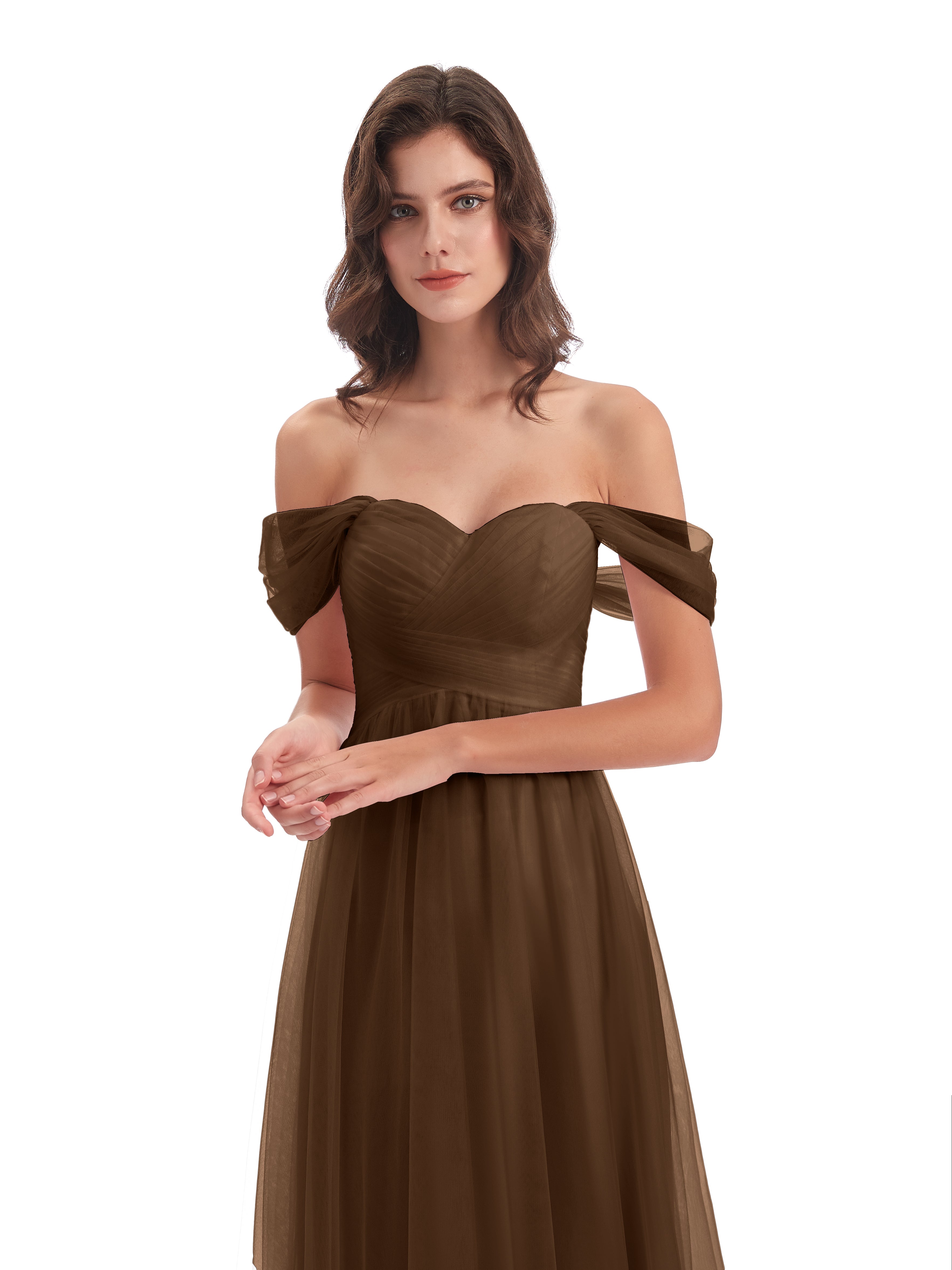 Robe Demoiselle D Honneur Brun Trapèze Hors-La-Épaule Tulle Longue Robes Demoiselle D'Honneur