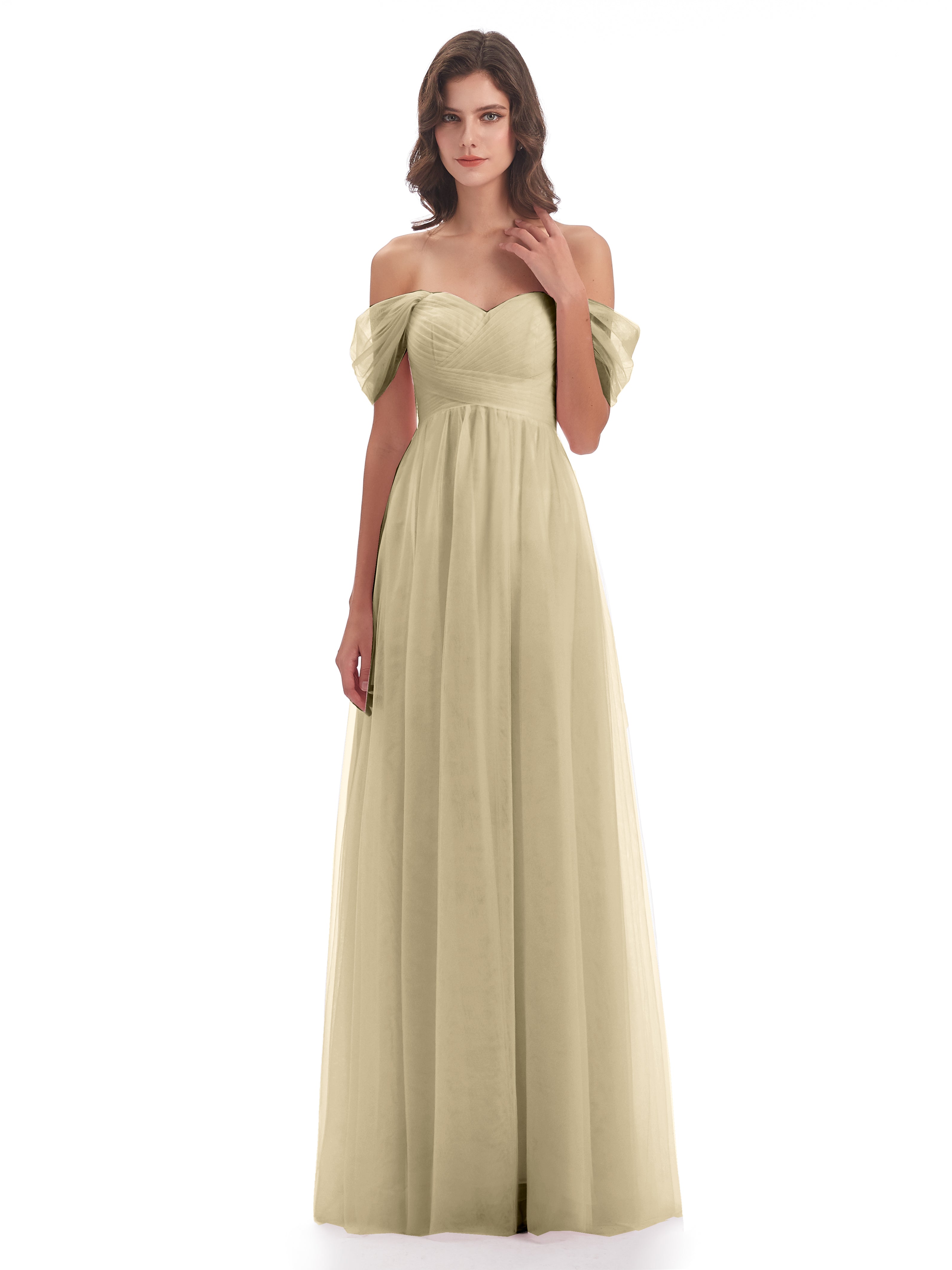 Robes De Demoiselle D'Honneur Champagne Trapèze Hors-La-Épaule Tulle Longue Robes Demoiselle D'Honneur