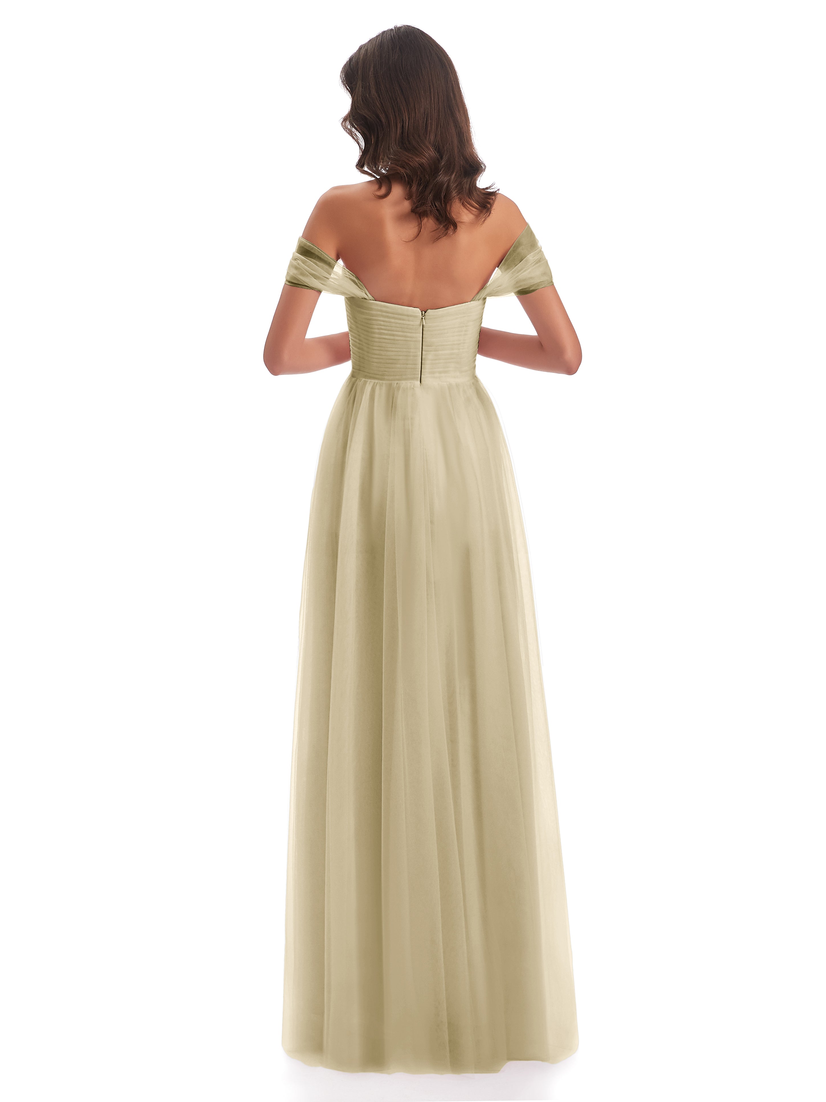 Robes De Demoiselle D'Honneur Champagne Trapèze Hors-La-Épaule Tulle Longue Robes Demoiselle D'Honneur