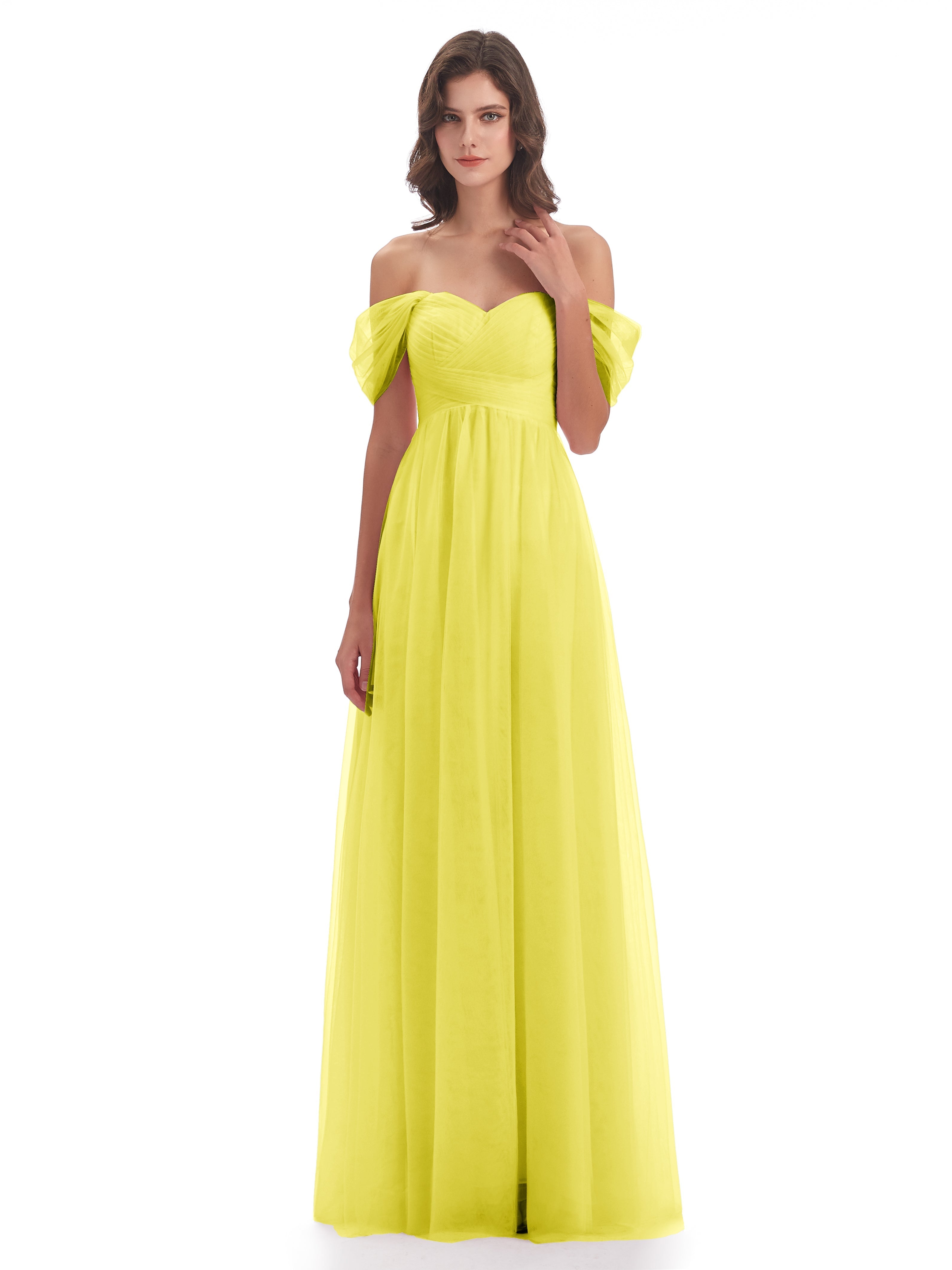 Robes De Demoiselle D'Honneur Citron Trapèze Hors-La-Épaule Tulle Longue Robes Demoiselle D'Honneur