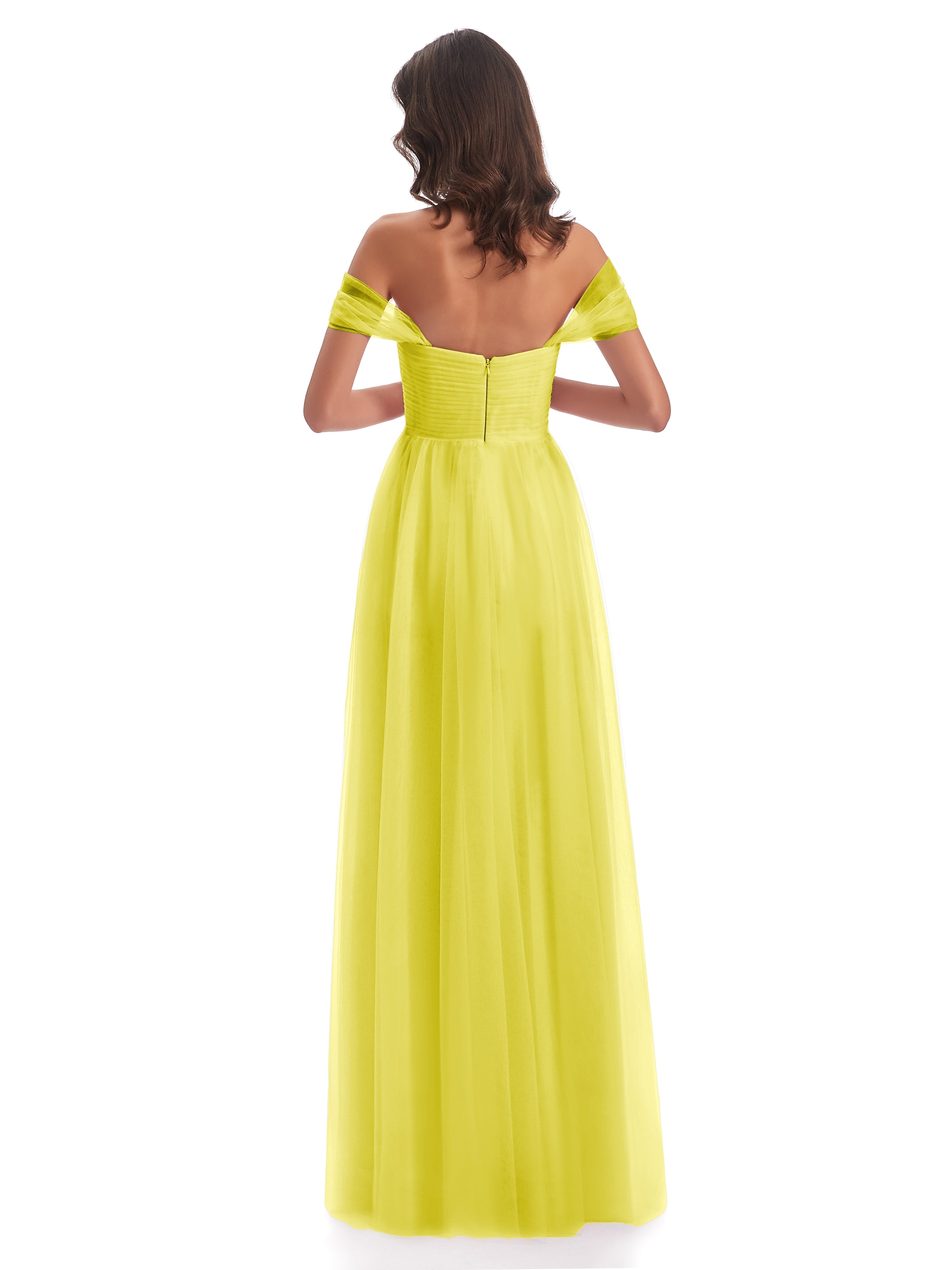 Robes De Demoiselle D'Honneur Citron Trapèze Hors-La-Épaule Tulle Longue Robes Demoiselle D'Honneur