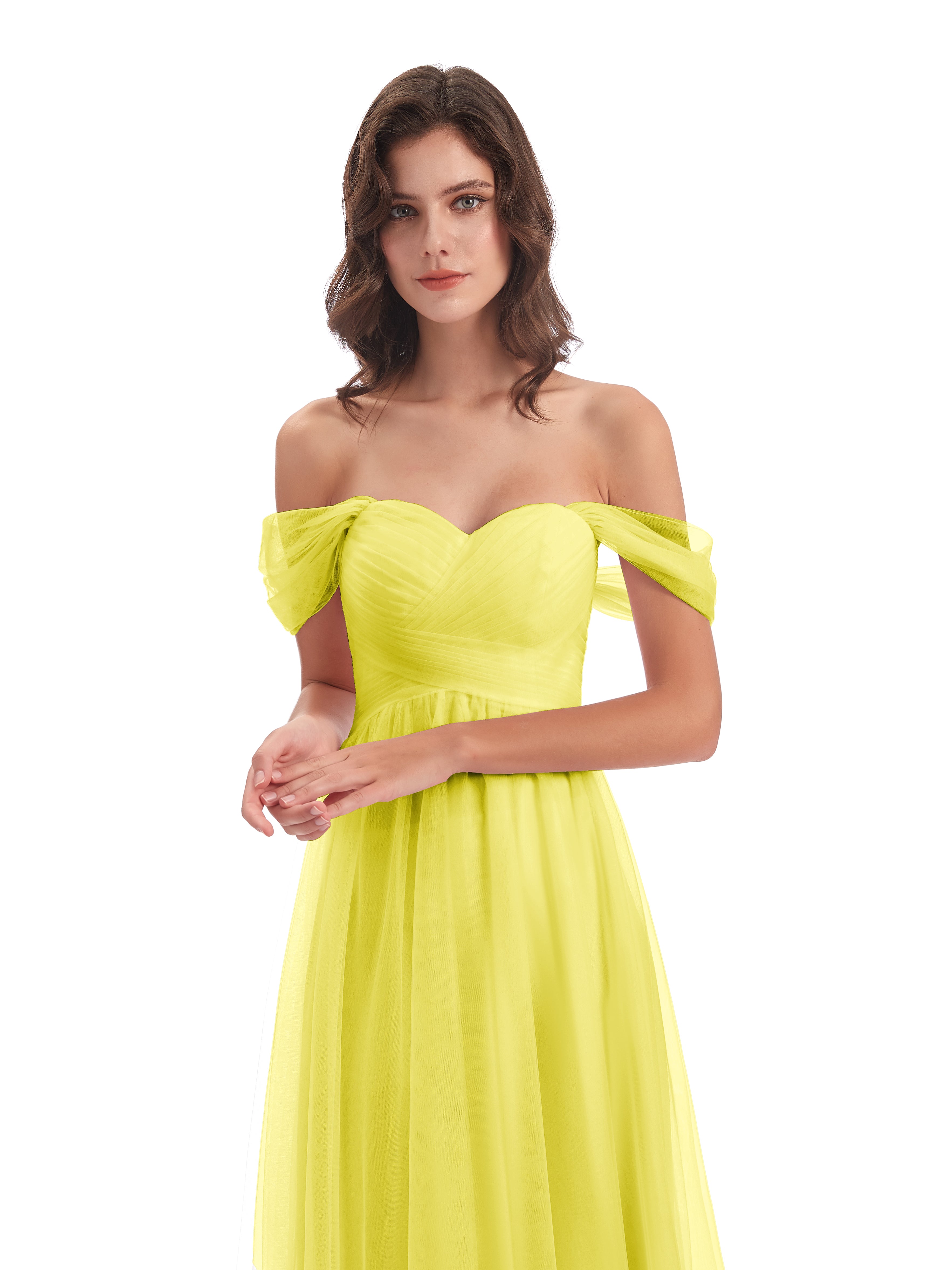 Robes De Demoiselle D'Honneur Citron Trapèze Hors-La-Épaule Tulle Longue Robes Demoiselle D'Honneur