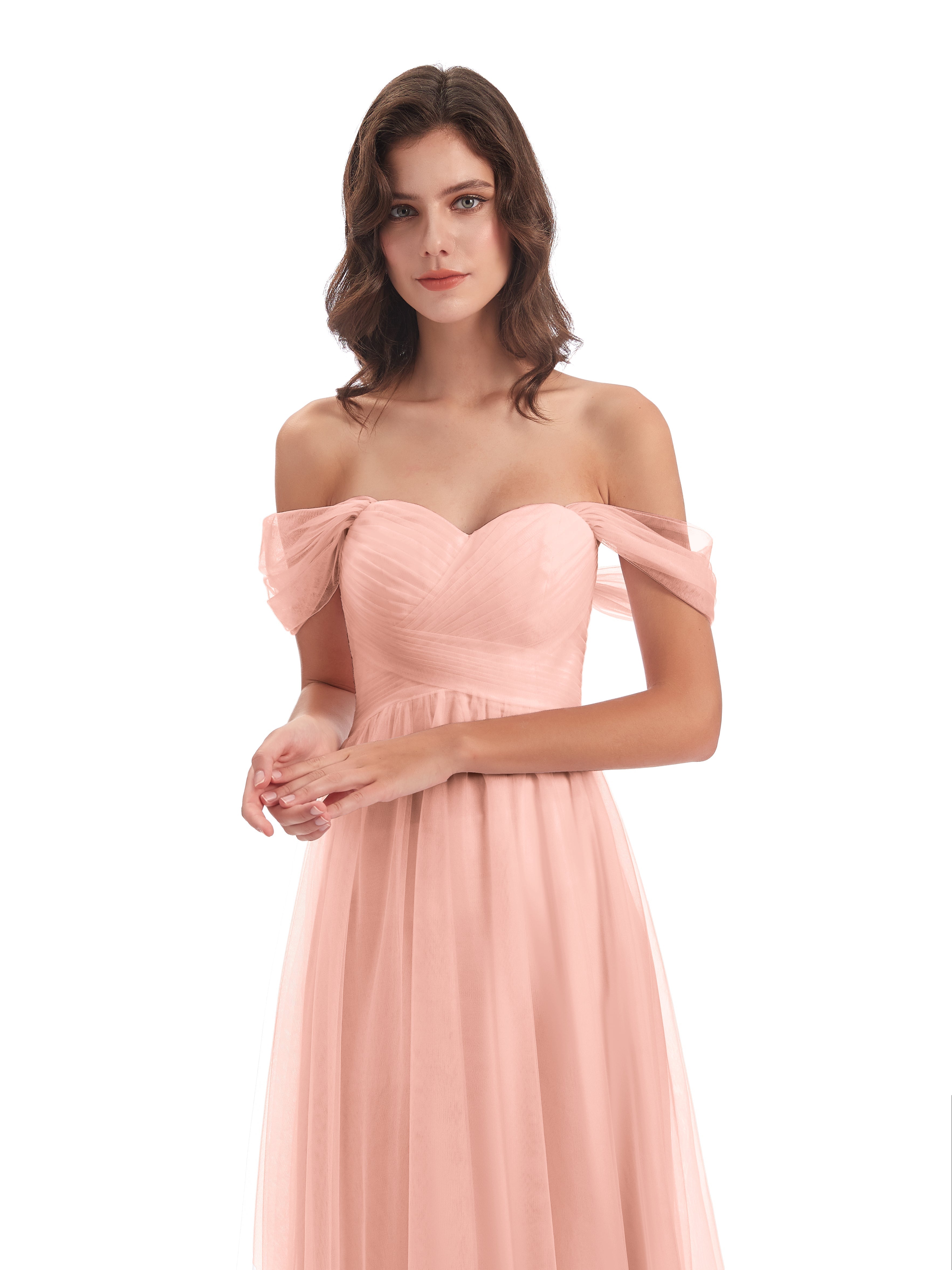 Robe Longue Corail Demoiselle D Honneur Trapèze Hors-La-Épaule Tulle Longue Robes Demoiselle D'Honneur