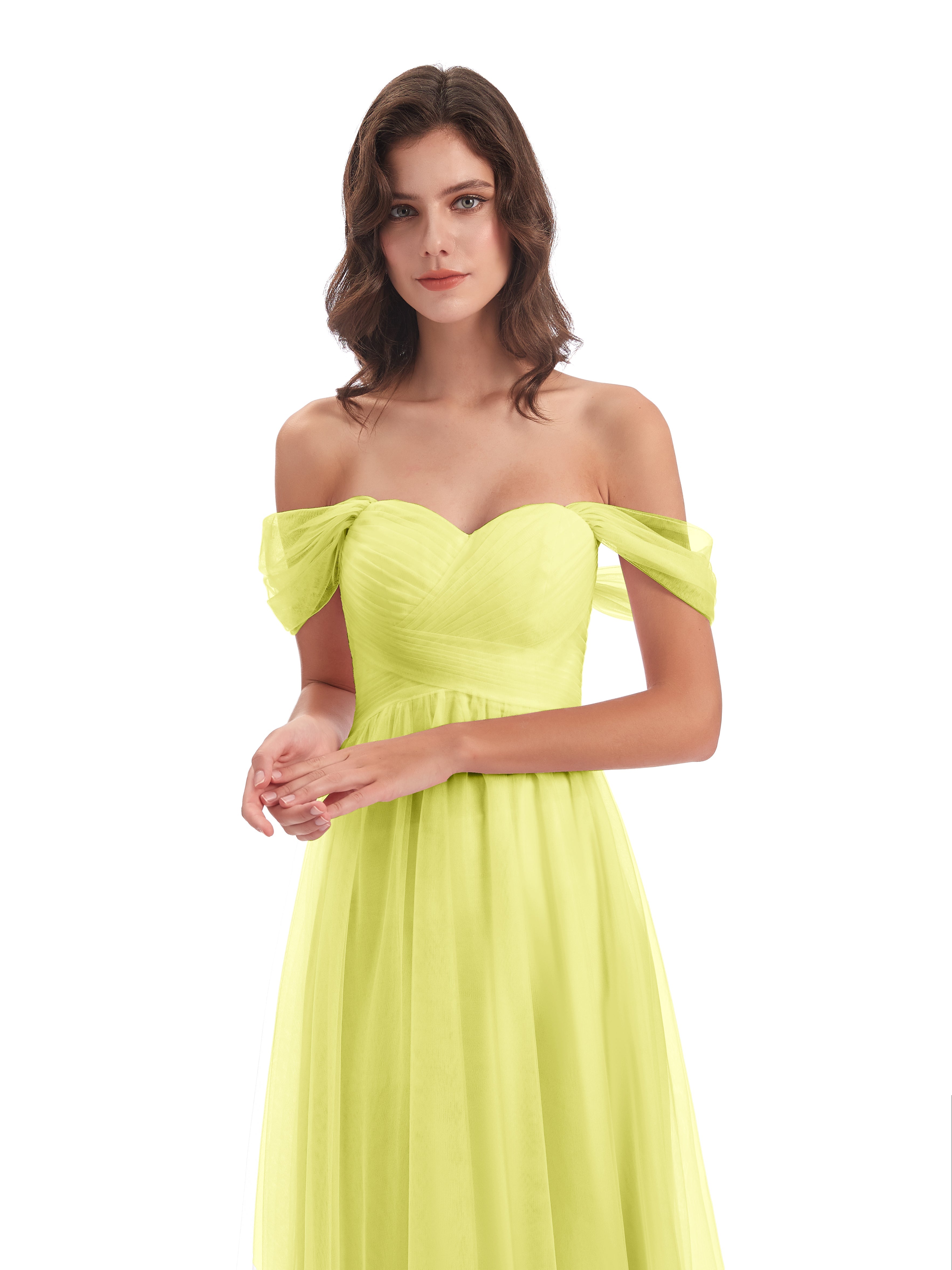 Robes De Demoiselle D'Honneur Jonquille Trapèze Hors-La-Épaule Tulle Longue Robes Demoiselle D'Honneur