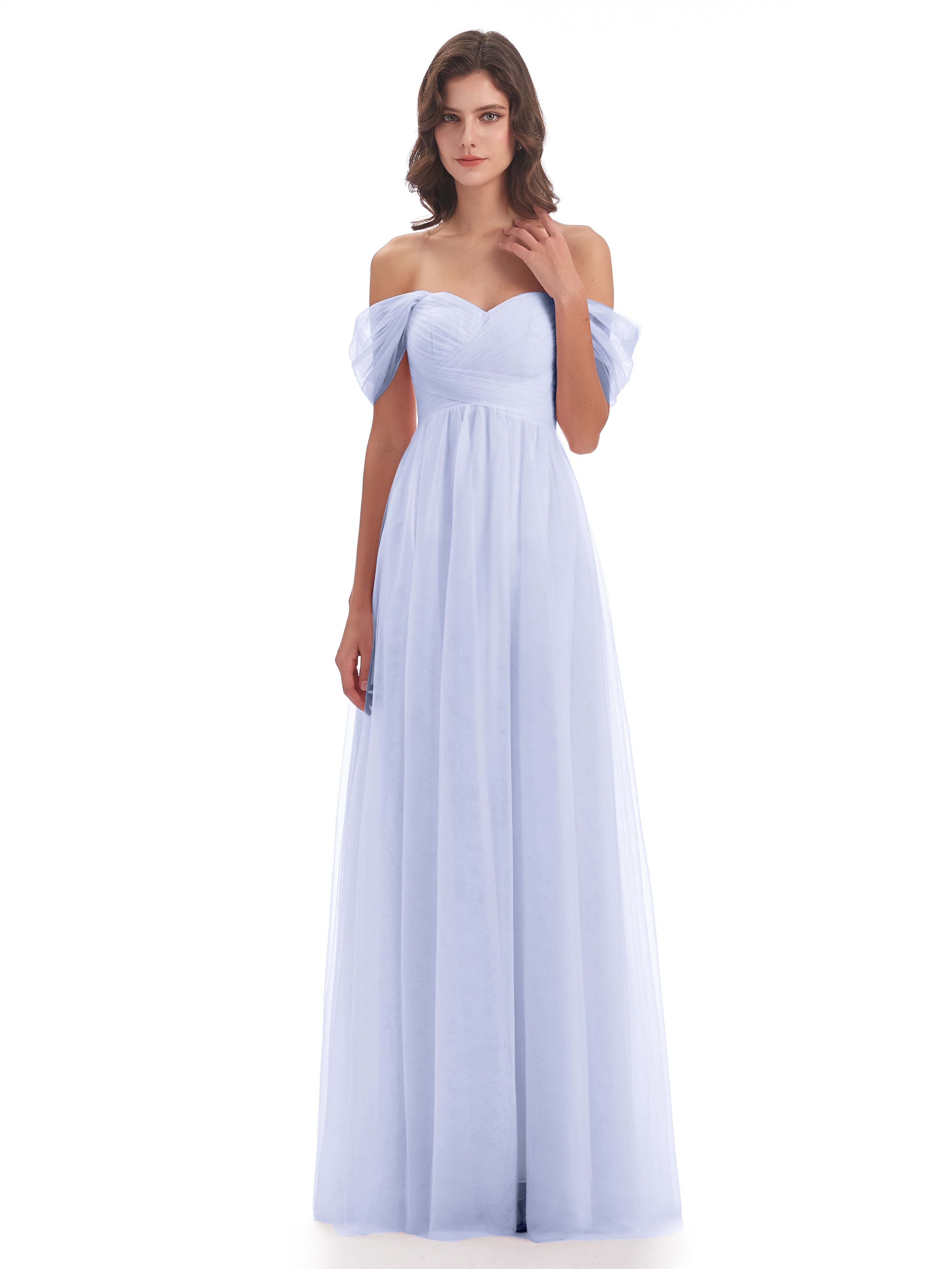 Robe Demoiselle D Honneur Couleur Lavande Trapèze Hors-La-Épaule Tulle Longue Robes Demoiselle D'Honneur
