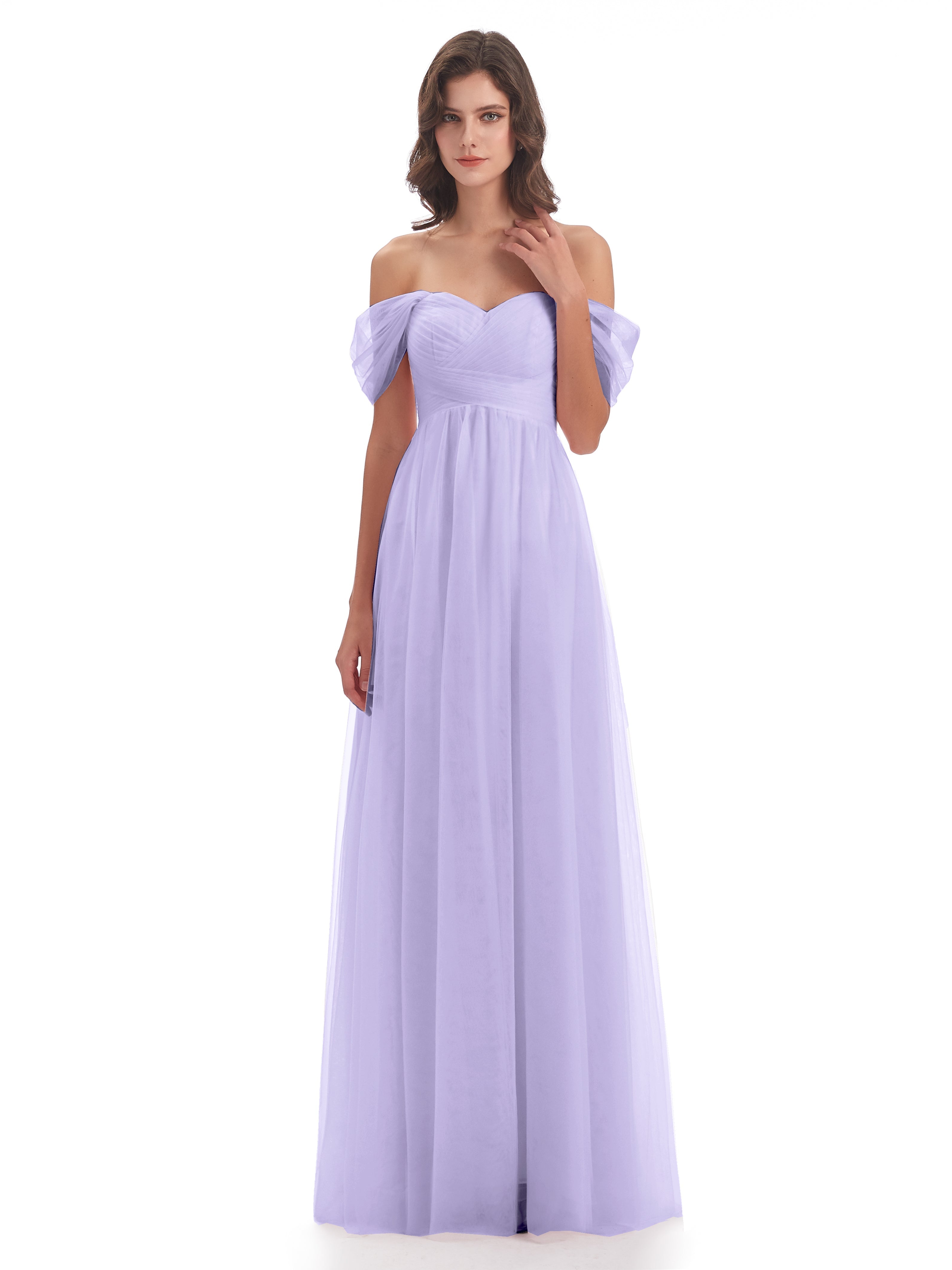 Robe Demoiselle Honneur Lilas Trapèze Hors-La-Épaule Tulle Longue Robes Demoiselle D'Honneur