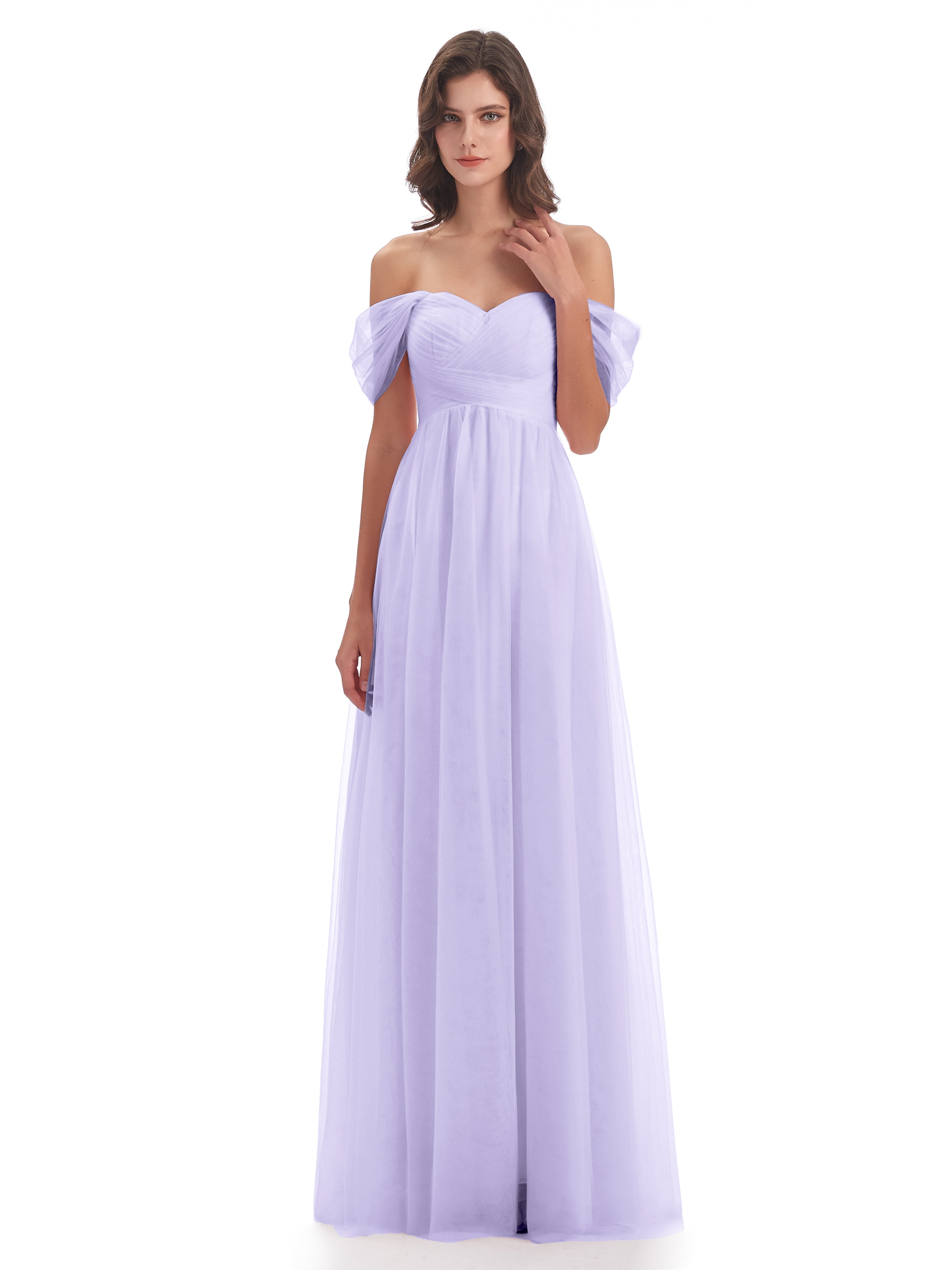 Robe Demoiselle Honneur Lilas Trapèze Hors-La-Épaule Tulle Longue Robes Demoiselle D'Honneur