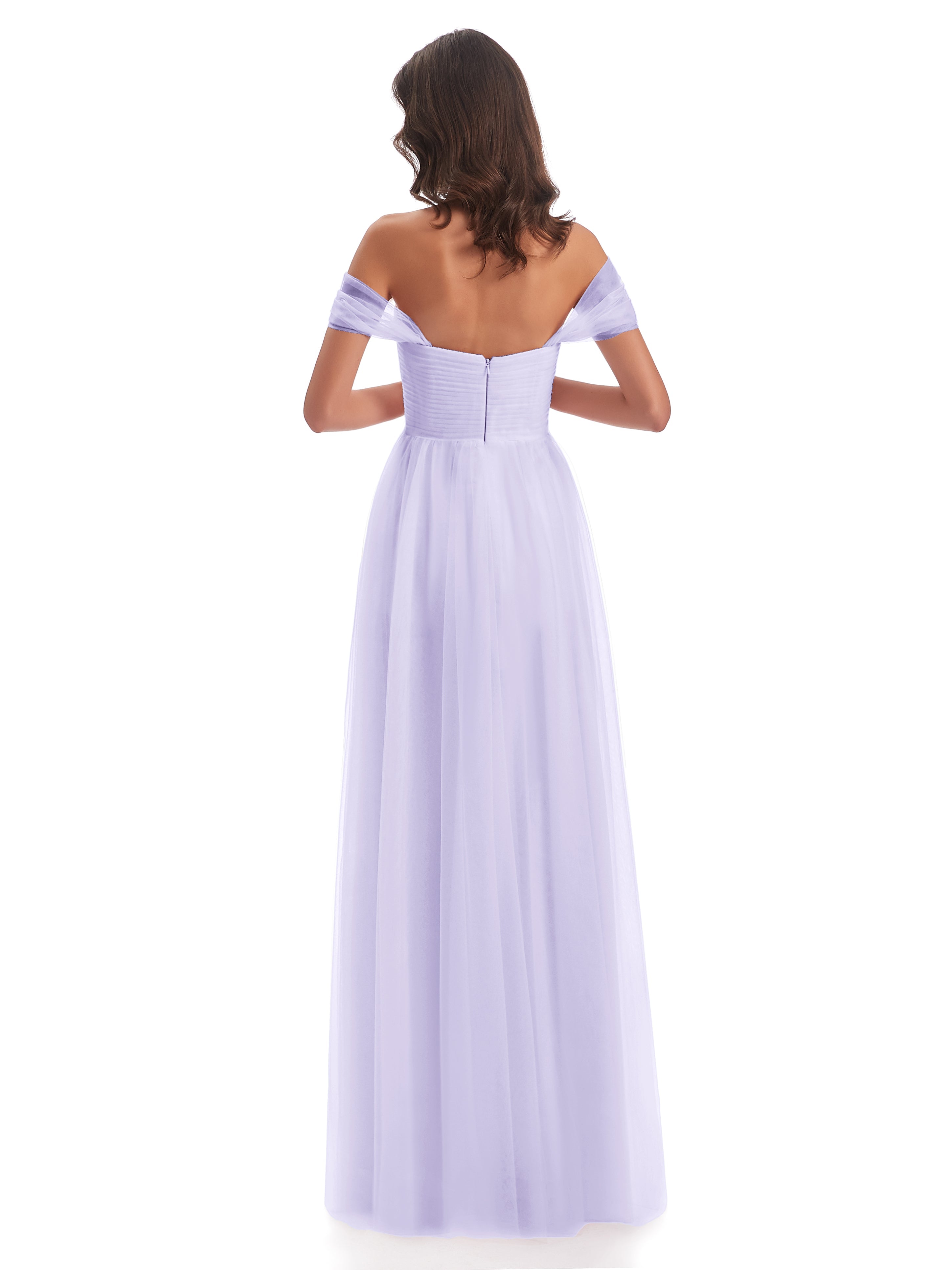 Robe Demoiselle Honneur Lilas Trapèze Hors-La-Épaule Tulle Longue Robes Demoiselle D'Honneur